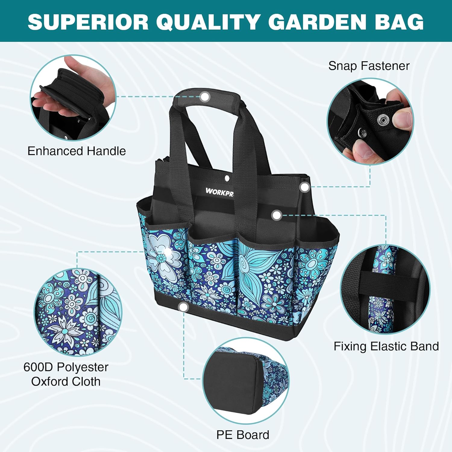 WORKPRO Garden Tool Bag, 9 Pockets Gardening Bag, Heavy Duty Oxford Garden Tote Caddy (Tools NOT Included), 12" x 12" x 6" (Floral Blue) - Image 5