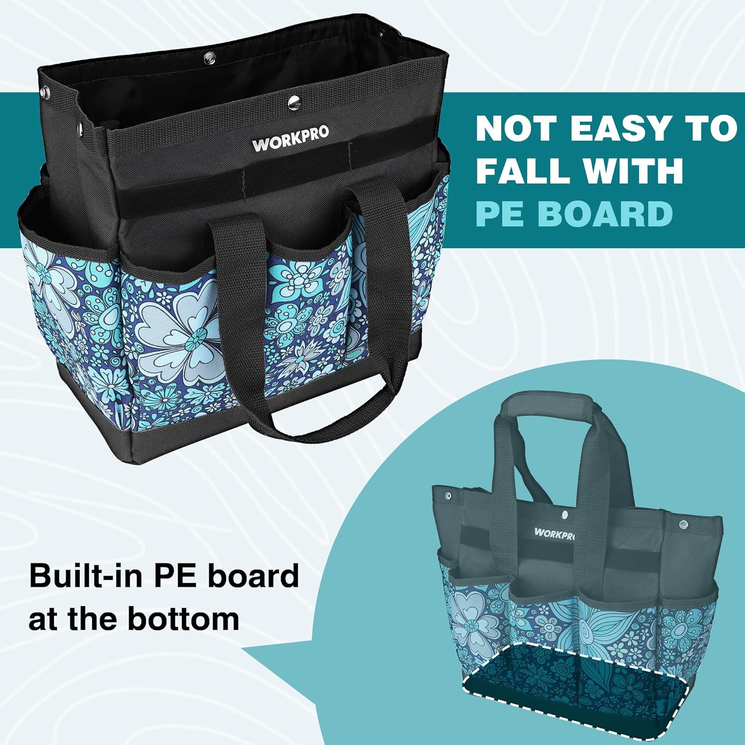 WORKPRO Garden Tool Bag, 9 Pockets Gardening Bag, Heavy Duty Oxford Garden Tote Caddy (Tools NOT Included), 12" x 12" x 6" (Floral Blue) - Image 6