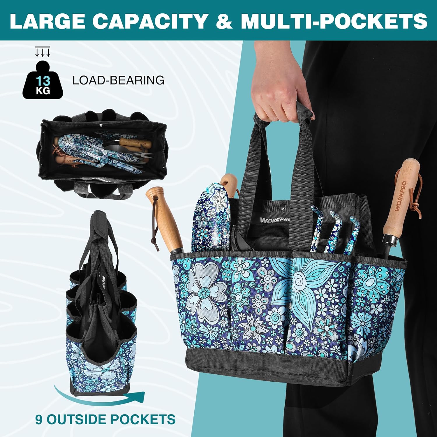 WORKPRO Garden Tool Bag, 9 Pockets Gardening Bag, Heavy Duty Oxford Garden Tote Caddy (Tools NOT Included), 12" x 12" x 6" (Floral Blue) - Image 7