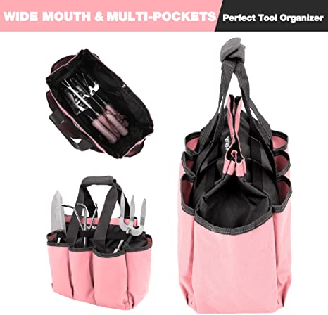 WORKPRO Garden Tool Bag, Garden Tote Storage Bag with 8 Pockets, Home Organizer for Indoor and Outdoor Gardening - Pink Ribbon - Image 2