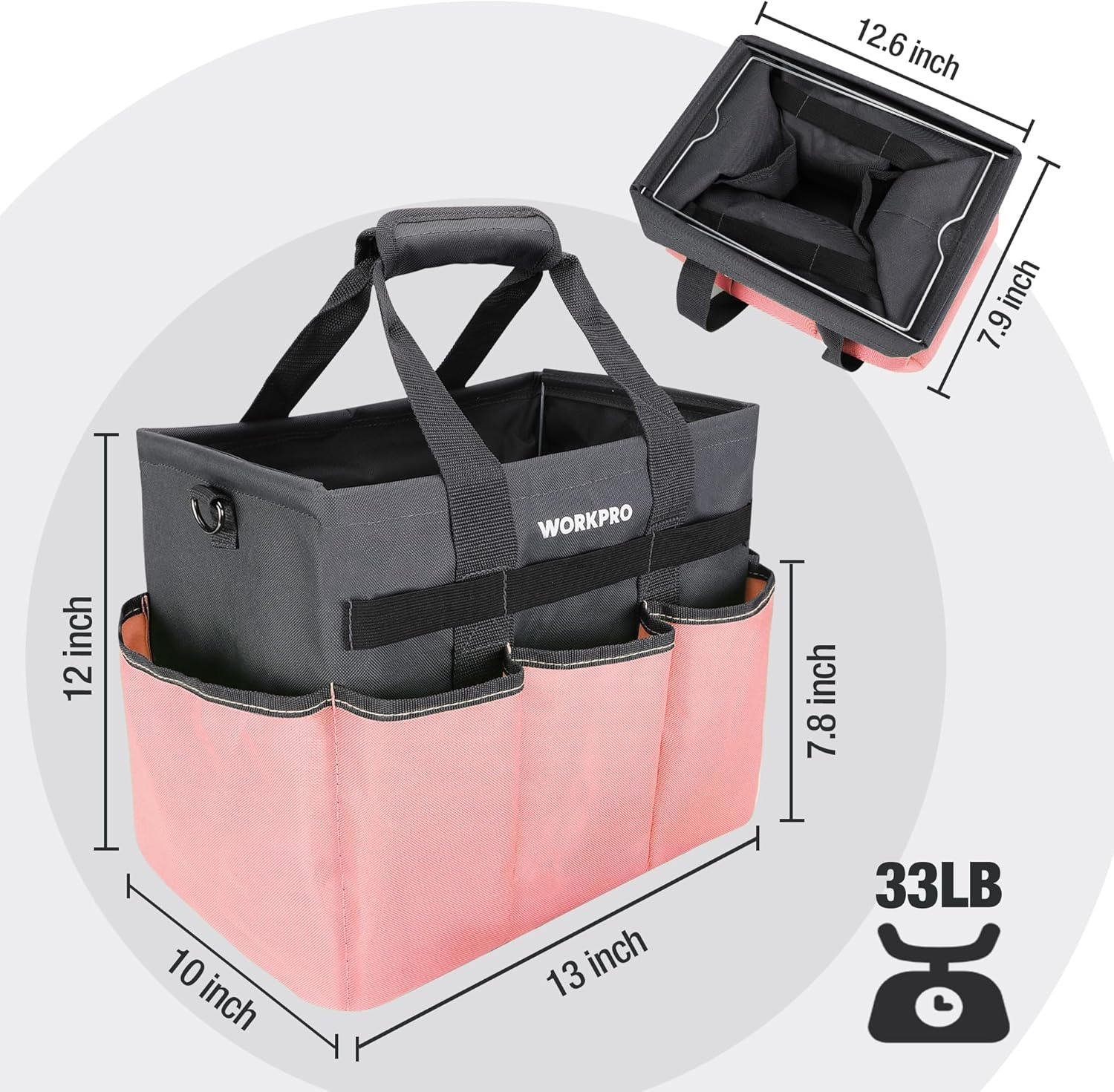 WORKPRO Garden Tool Bag, Heavy Duty Gardening Tote Bag Organizer with 10 Pockets and Long Adjustable Shoulder Strap, Standable Garden Home Tool Kits Organizer, Pink - Image 2