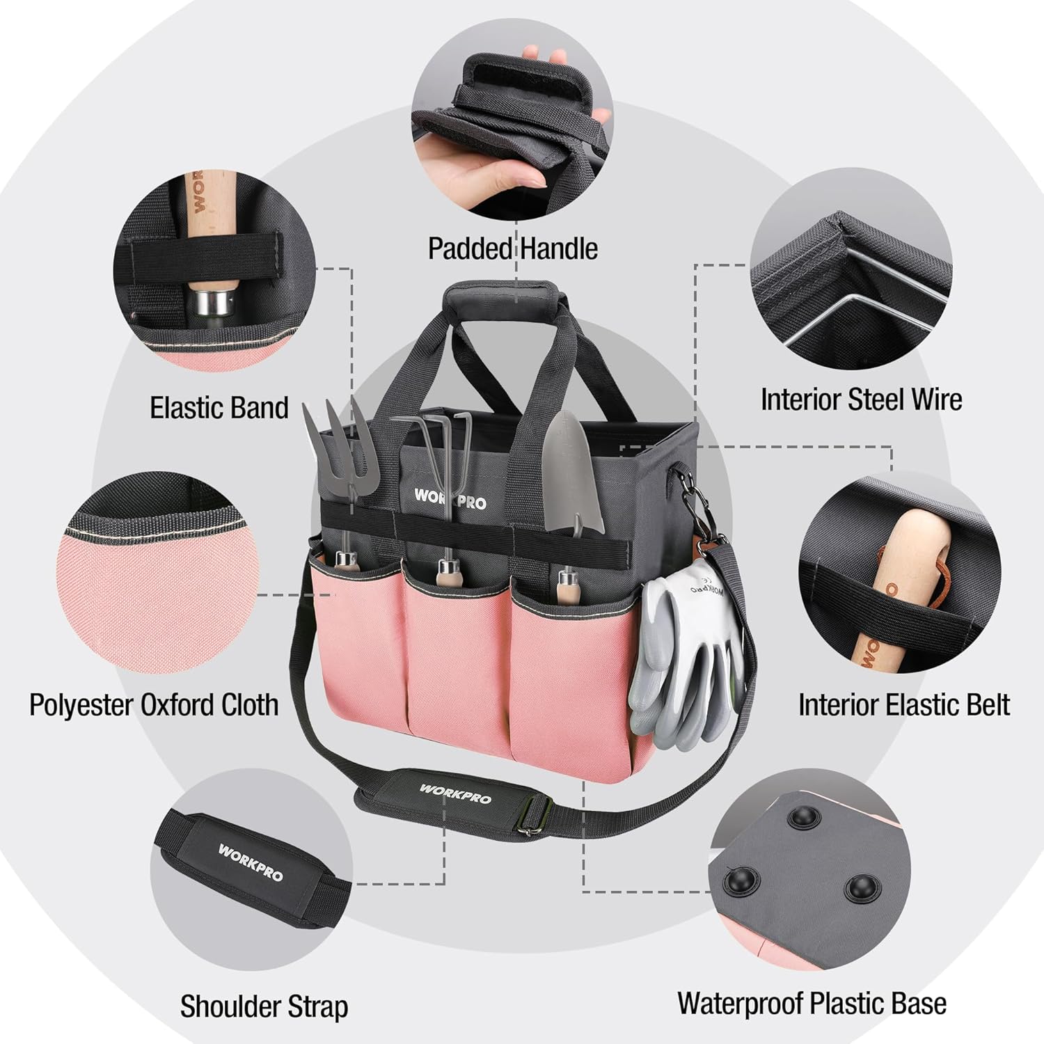 WORKPRO Garden Tool Bag, Heavy Duty Gardening Tote Bag Organizer with 10 Pockets and Long Adjustable Shoulder Strap, Standable Garden Home Tool Kits Organizer, Pink - Image 3