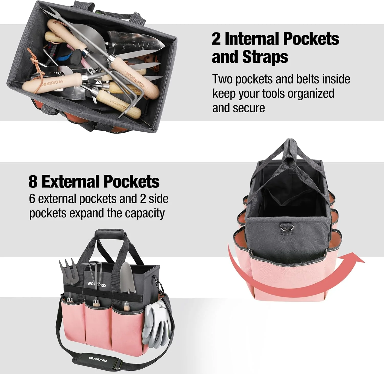 WORKPRO Garden Tool Bag, Heavy Duty Gardening Tote Bag Organizer with 10 Pockets and Long Adjustable Shoulder Strap, Standable Garden Home Tool Kits Organizer, Pink - Image 4