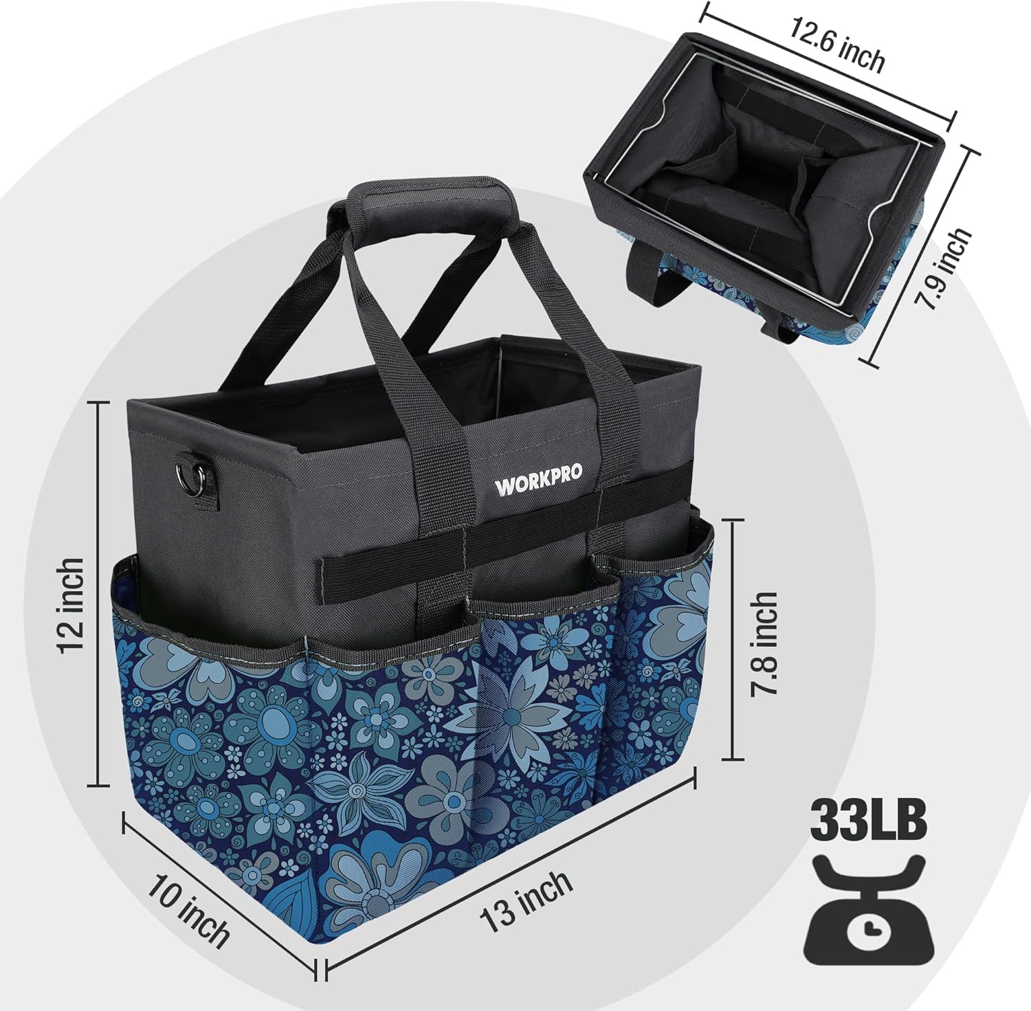 WORKPRO Garden Tool Bag Organizer, Heavy Duty Gardening Tote Bag with 10 Pockets and Long Adjustable Shoulder Strap, Standable Garden Home Tool Kits Organizer, Floral Blue (Tools are not Included) - Image 2