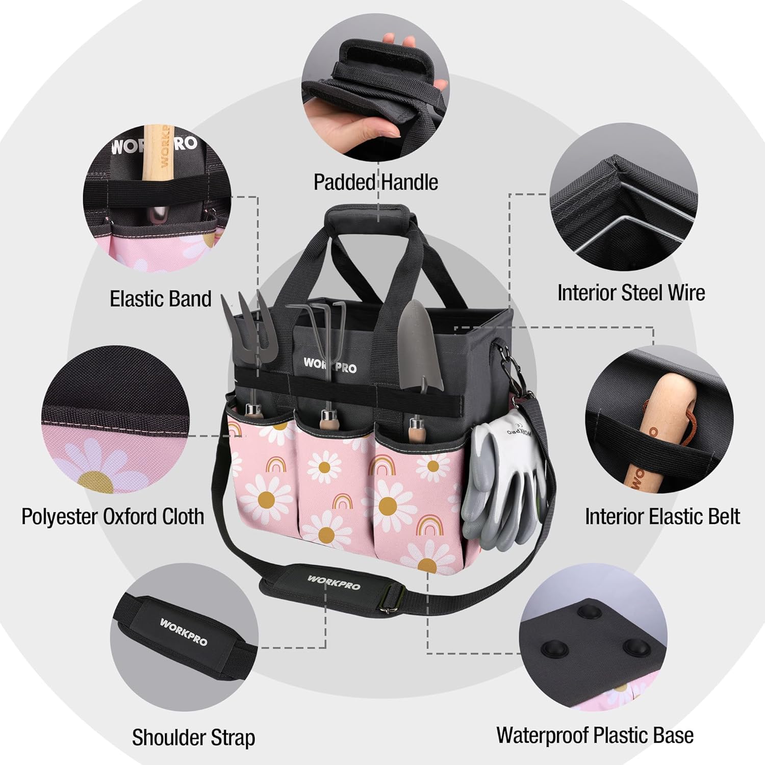 WORKPRO Garden Tool Bag Organizer, Heavy Duty Gardening Tote Bag with 10 Pockets and Long Adjustable Shoulder Strap, Standable Garden Home Tool Kits Organizer, Floral Pink - Pink Ribbon - Image 3