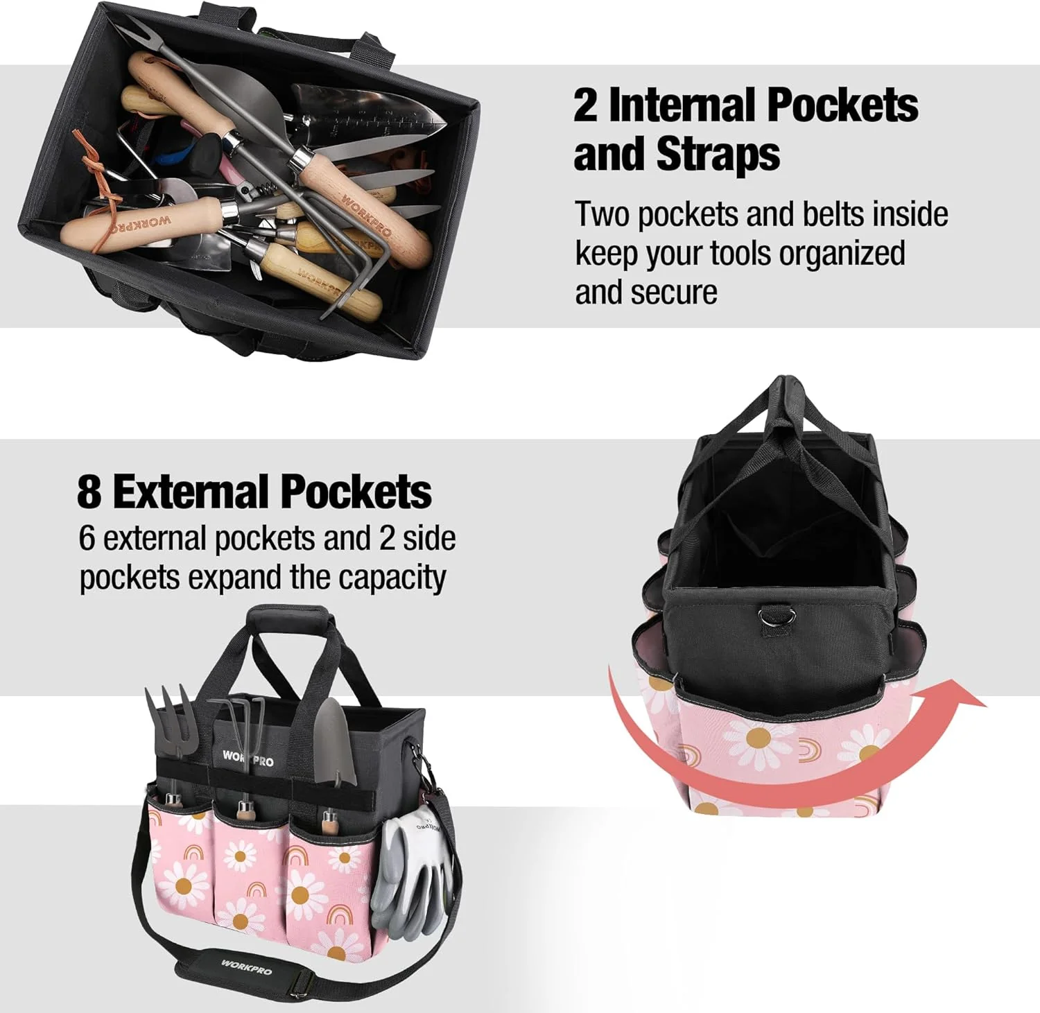 WORKPRO Garden Tool Bag Organizer, Heavy Duty Gardening Tote Bag with 10 Pockets and Long Adjustable Shoulder Strap, Standable Garden Home Tool Kits Organizer, Floral Pink - Pink Ribbon - Image 4