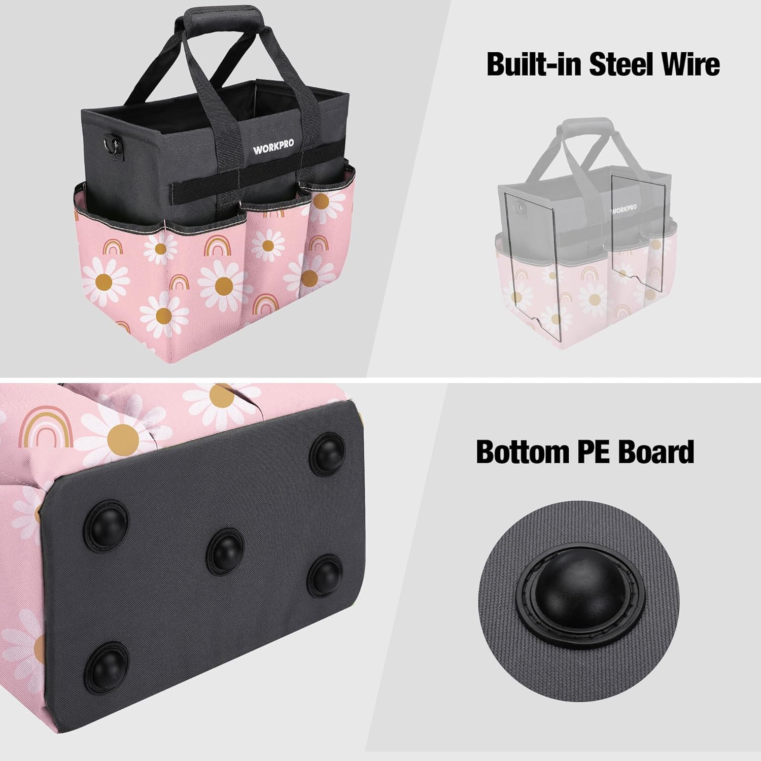 WORKPRO Garden Tool Bag Organizer, Heavy Duty Gardening Tote Bag with 10 Pockets and Long Adjustable Shoulder Strap, Standable Garden Home Tool Kits Organizer, Floral Pink - Pink Ribbon - Image 5