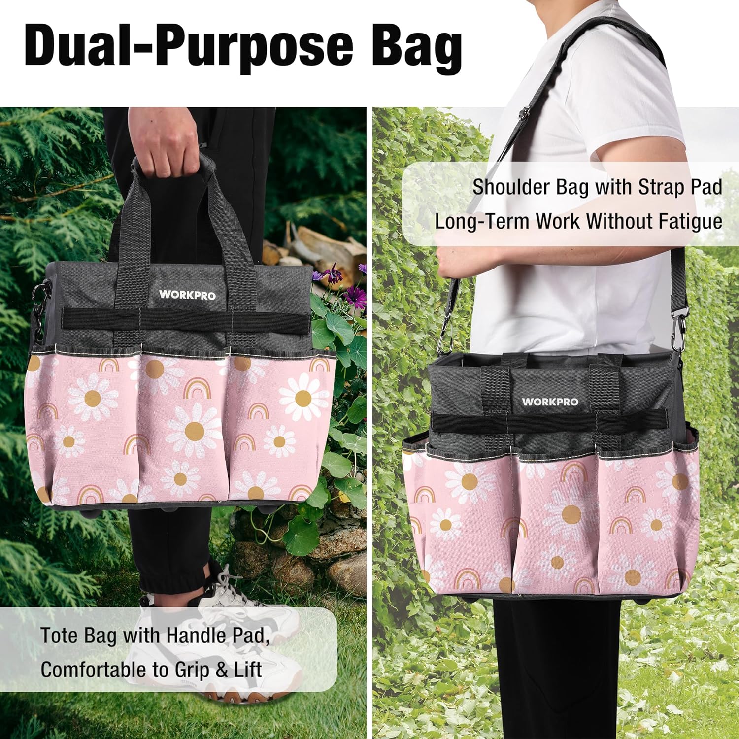 WORKPRO Garden Tool Bag Organizer, Heavy Duty Gardening Tote Bag with 10 Pockets and Long Adjustable Shoulder Strap, Standable Garden Home Tool Kits Organizer, Floral Pink - Pink Ribbon - Image 6