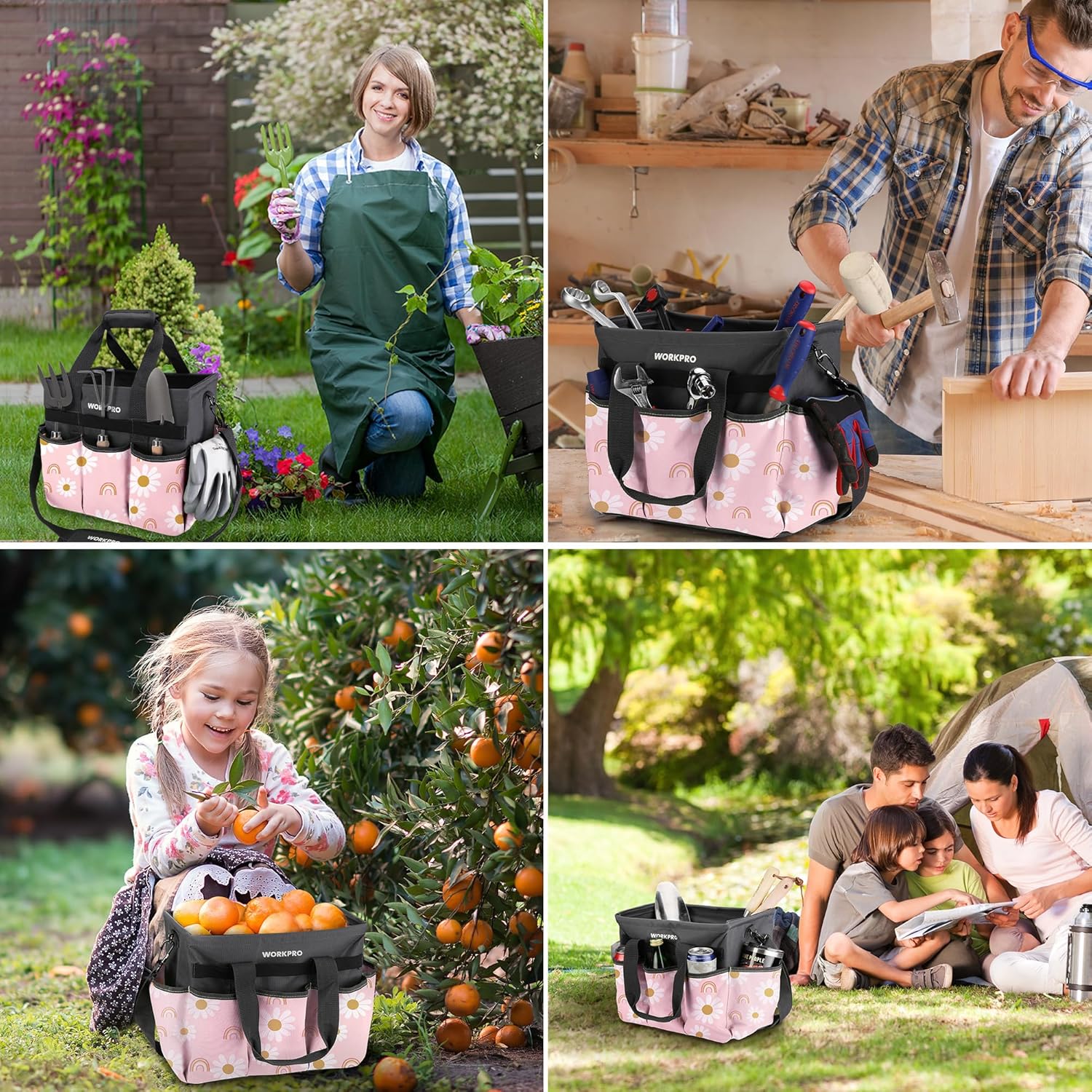 WORKPRO Garden Tool Bag Organizer, Heavy Duty Gardening Tote Bag with 10 Pockets and Long Adjustable Shoulder Strap, Standable Garden Home Tool Kits Organizer, Floral Pink - Pink Ribbon - Image 7