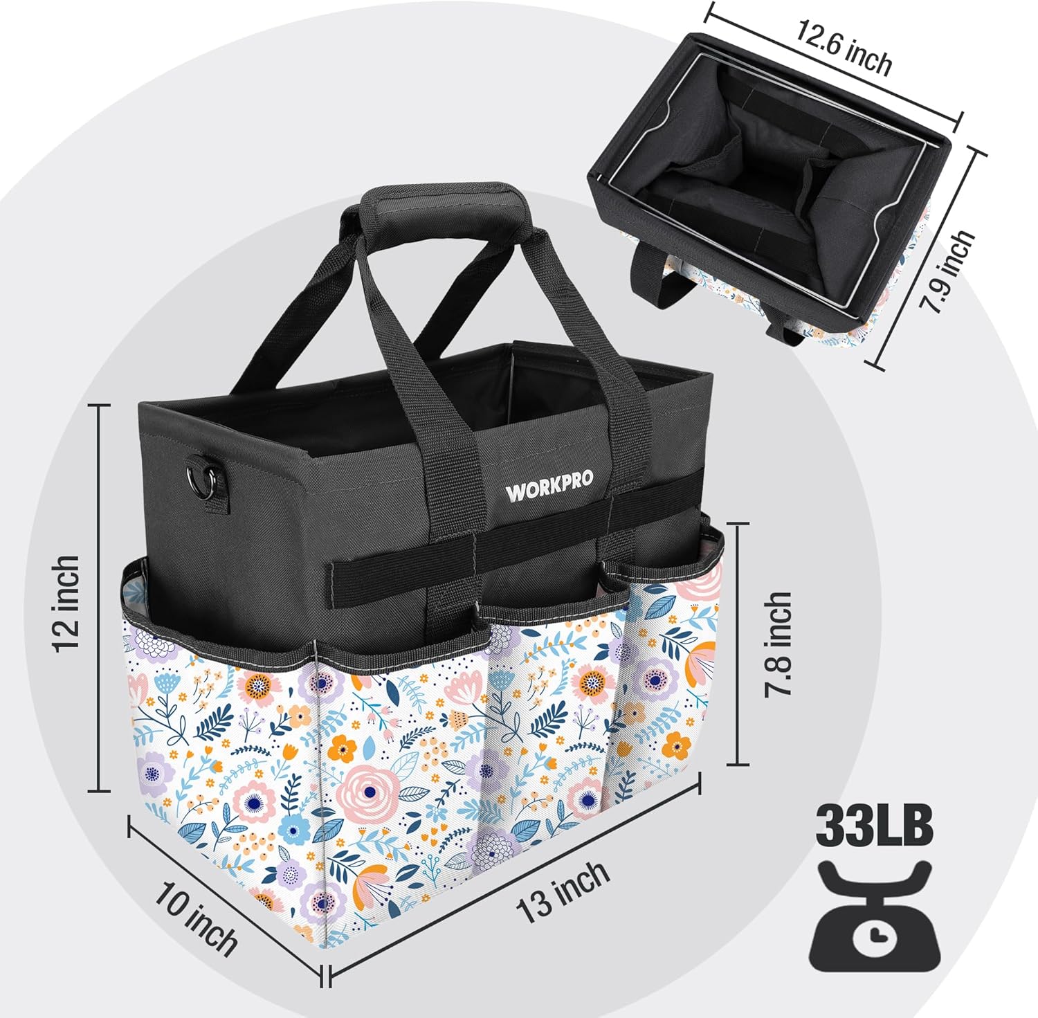 WORKPRO Garden Tool Bag Organizer, Heavy Duty Gardening Tote Bag with 10 Pockets and Long Adjustable Shoulder Strap, Standable Garden Home Tool Kits Organizer, Floral White (Tools are not Included) - Image 2