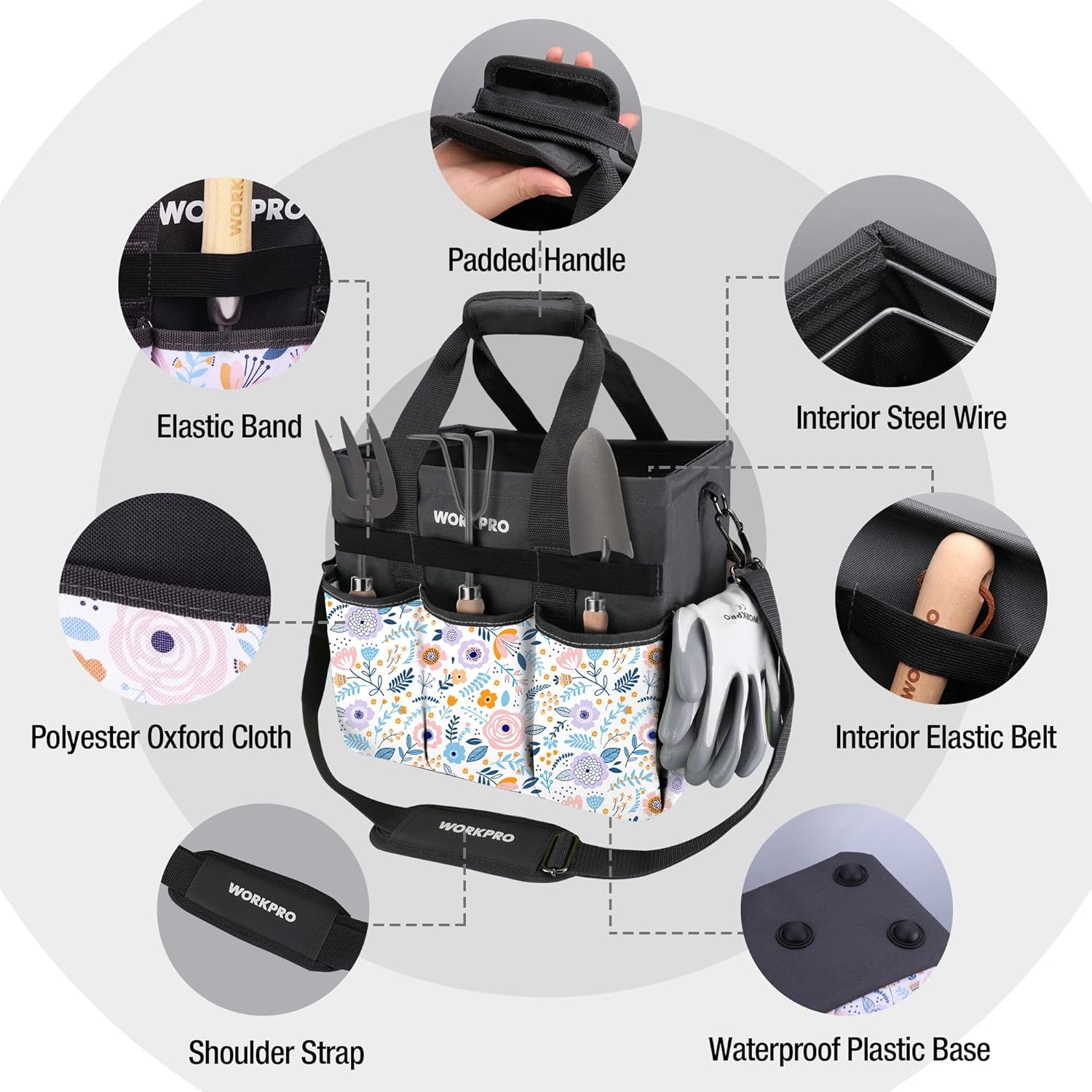 WORKPRO Garden Tool Bag Organizer, Heavy Duty Gardening Tote Bag with 10 Pockets and Long Adjustable Shoulder Strap, Standable Garden Home Tool Kits Organizer, Floral White (Tools are not Included) - Image 3