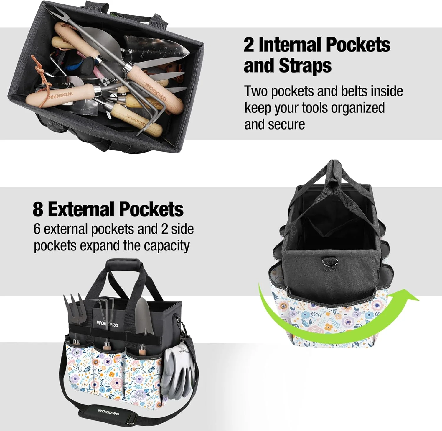 WORKPRO Garden Tool Bag Organizer, Heavy Duty Gardening Tote Bag with 10 Pockets and Long Adjustable Shoulder Strap, Standable Garden Home Tool Kits Organizer, Floral White (Tools are not Included) - Image 4