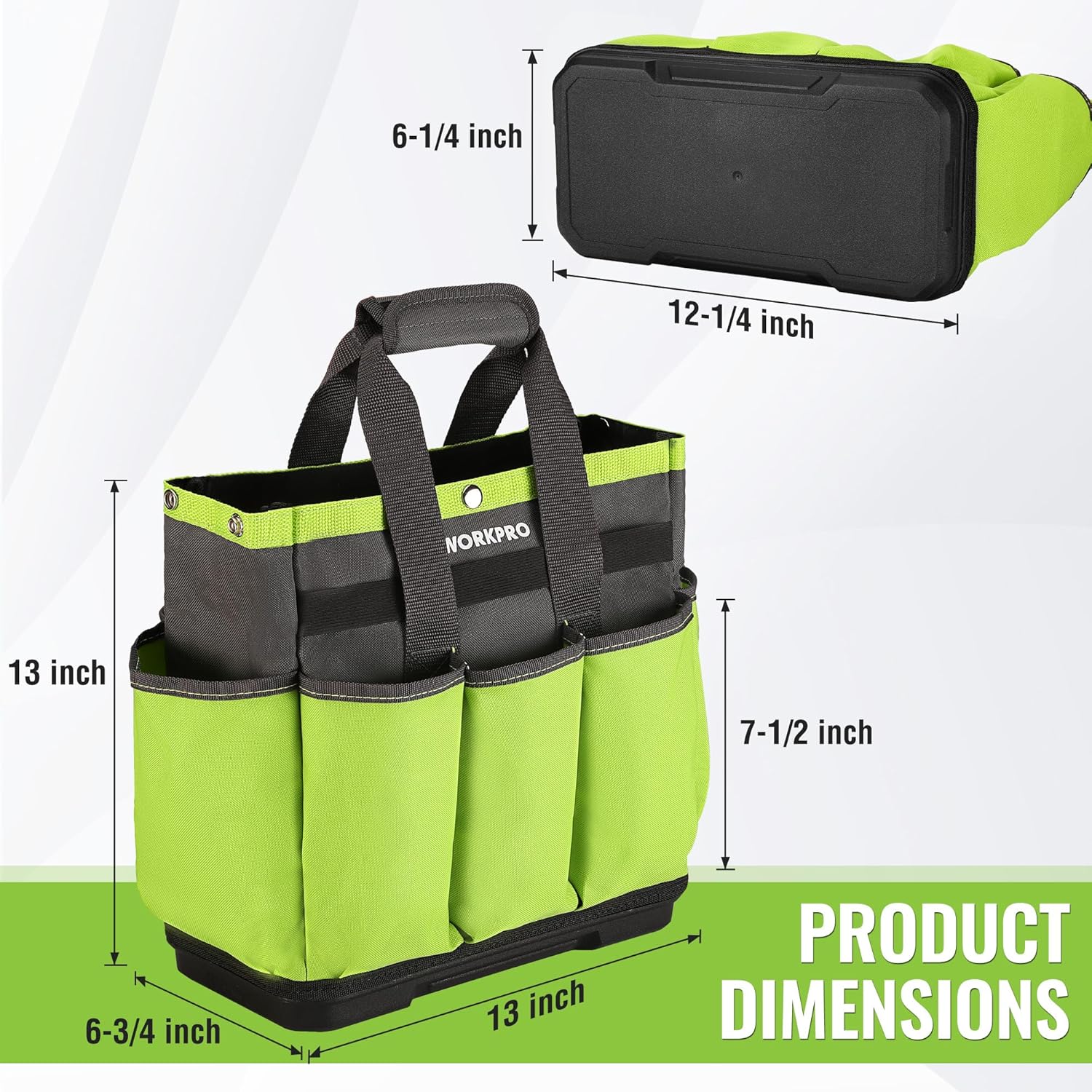WORKPRO Garden Tool Bag with Waterproof Plastic Base, 8 Pockets Gardening Bag, Heavy Duty Oxford Garden Tote Caddy, Gardening Tool Kit Holder for Indoor and Outdoor(Tools NOT Included) - Image 2