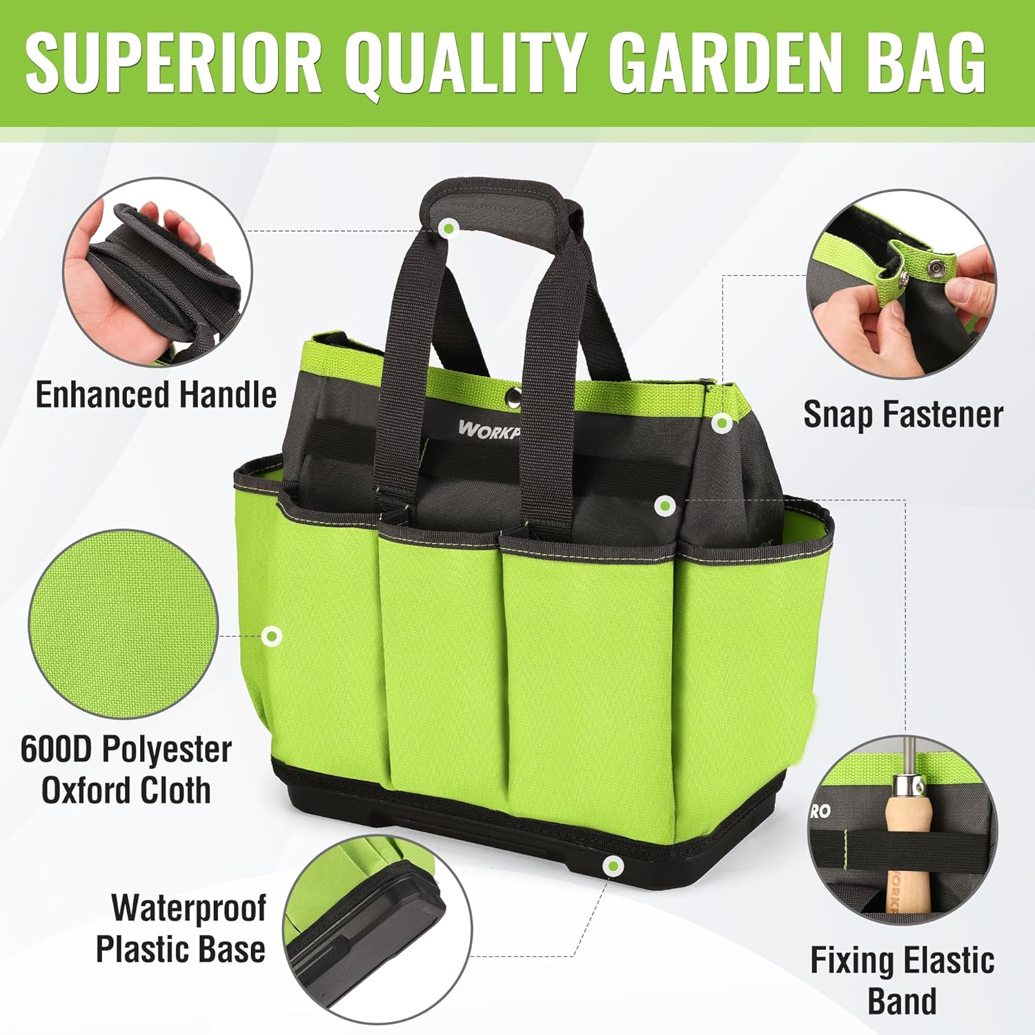 WORKPRO Garden Tool Bag with Waterproof Plastic Base, 8 Pockets Gardening Bag, Heavy Duty Oxford Garden Tote Caddy, Gardening Tool Kit Holder for Indoor and Outdoor(Tools NOT Included) - Image 3