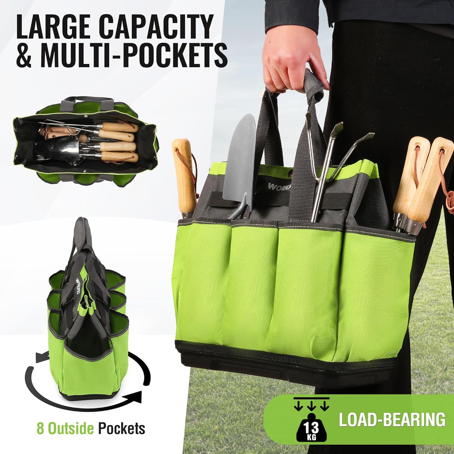 WORKPRO Garden Tool Bag with Waterproof Plastic Base, 8 Pockets Gardening Bag, Heavy Duty Oxford Garden Tote Caddy, Gardening Tool Kit Holder for Indoor and Outdoor(Tools NOT Included) - Image 5