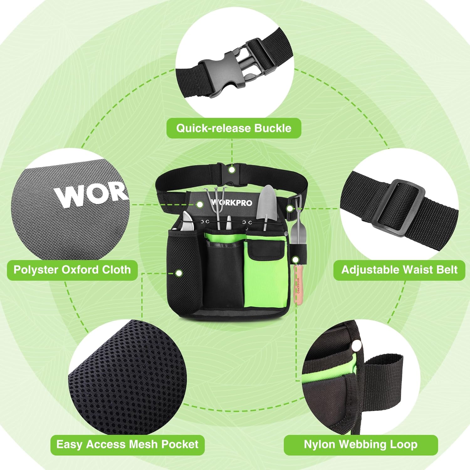 WORKPRO Garden Tool Belt, 5-Pocket Gardening Tool Pouch with Waist Strap | Durable Oxford Fabric, Hands-Free Tool Organizer, For Gardening, Carpentry, and DIY Projects - Image 3