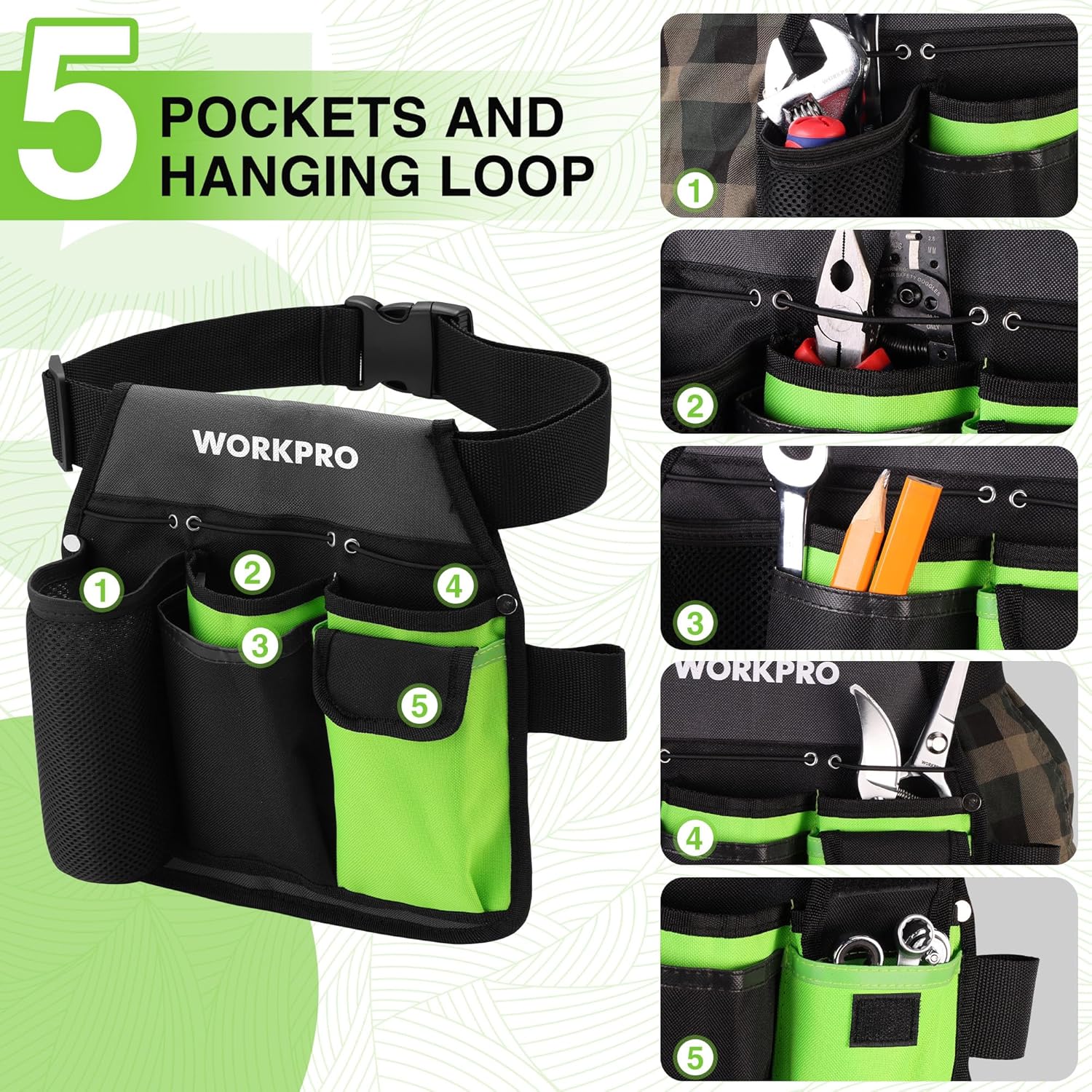 WORKPRO Garden Tool Belt, 5-Pocket Gardening Tool Pouch with Waist Strap | Durable Oxford Fabric, Hands-Free Tool Organizer, For Gardening, Carpentry, and DIY Projects - Image 5