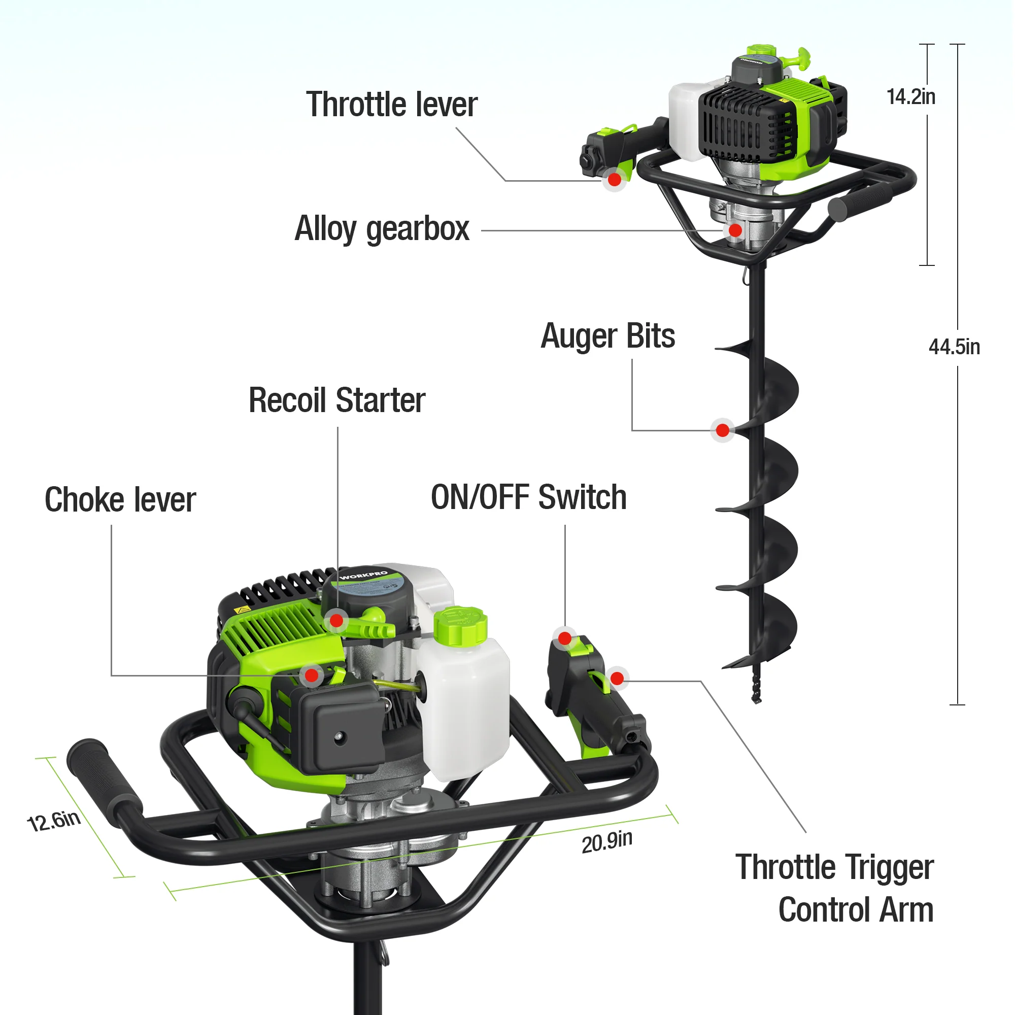 WORKPRO Gas Powered Earth Auger System with Powerhead, Auger Bits & Extension Rods - Image 2