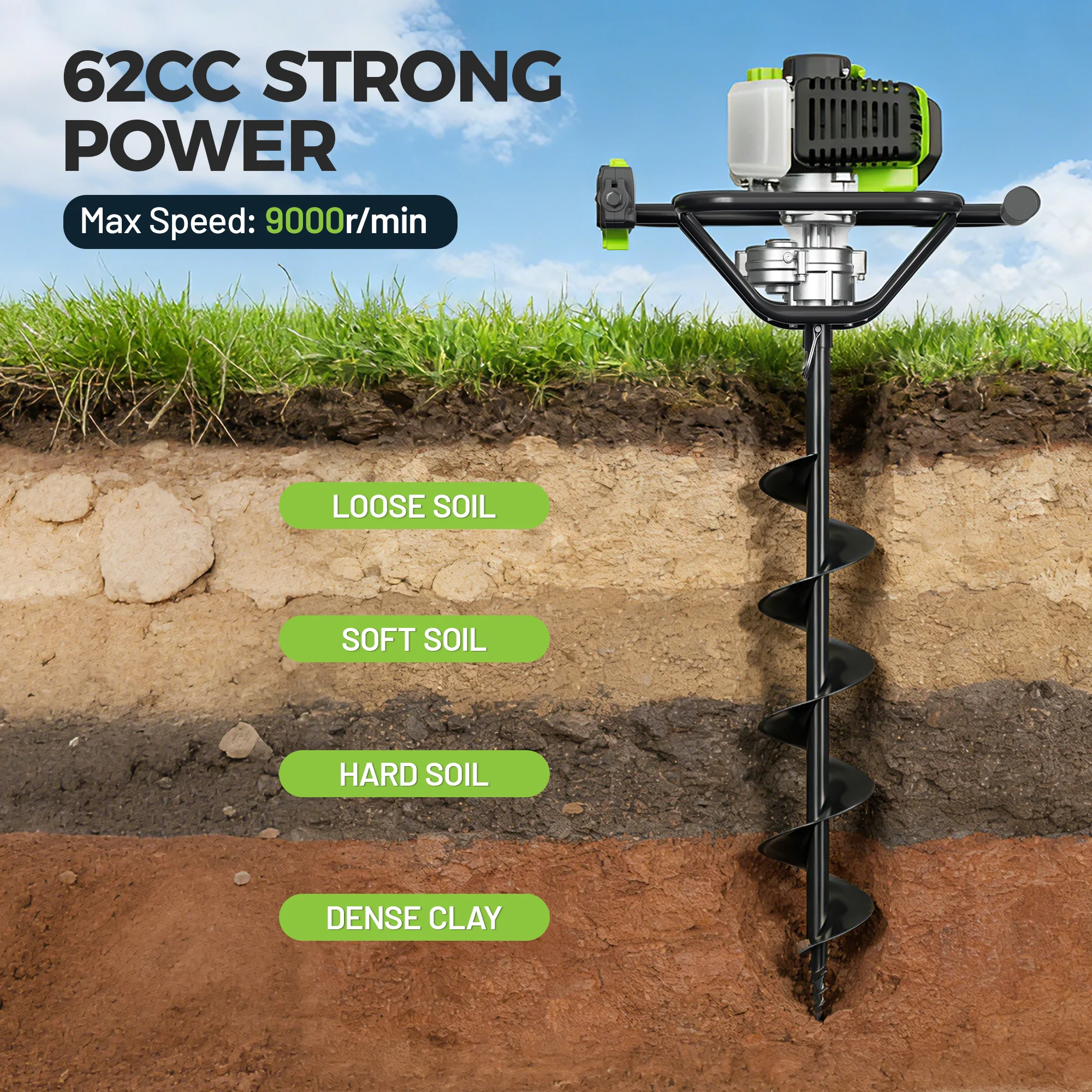 WORKPRO Gas Powered Earth Auger System with Powerhead, Auger Bits & Extension Rods - Image 7