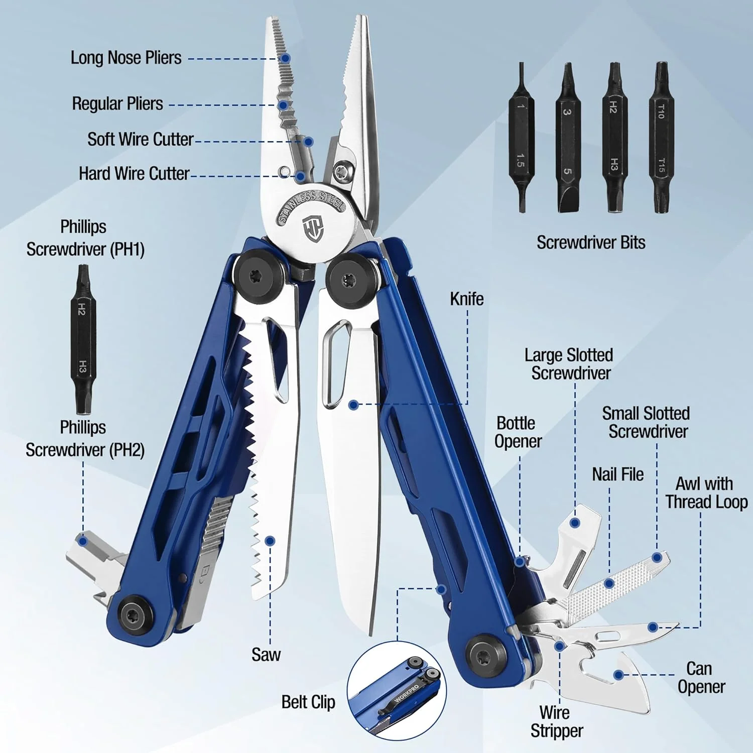 WORKPRO Gift for Men & Father, 24-in-1 Mutitool, Stainless Steel Multitool Pliers with Pocket Knife and Screwdrivers, EDC Self-locking Multi Tool with Sheath, Belt Clip for Outdoor Activities, Blue - Image 3