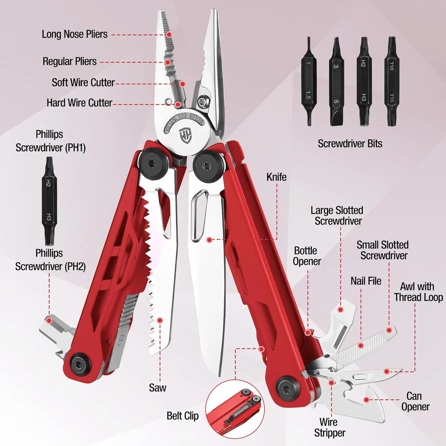 WORKPRO Gifts for Men Father Husband, 24-in-1 Mutitool, Stainless Steel Multitool Pliers with Pocket Knife and Screwdrivers, EDC Self-locking Multi Tool with Sheath, Belt Clip for Fathers Day - Image 3