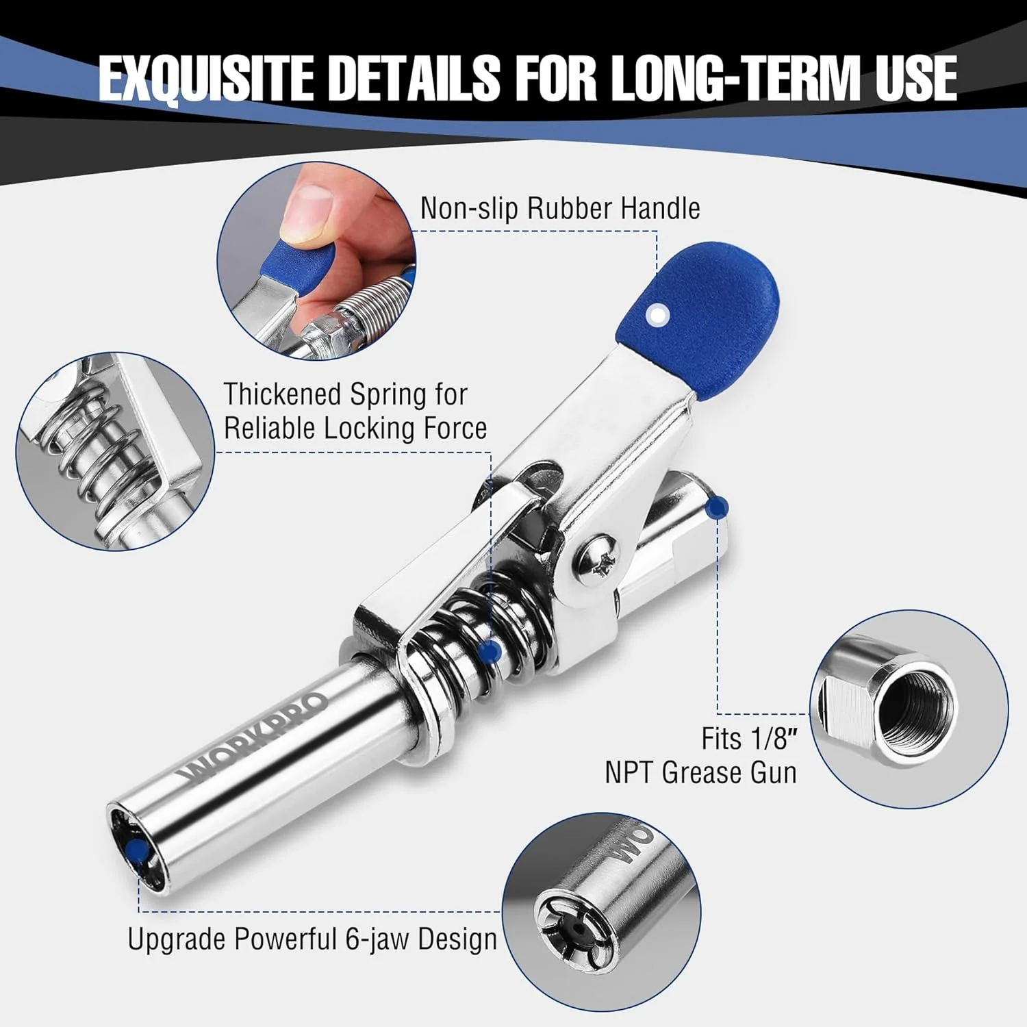 WORKPRO Grease Gun Coupler Set, 2PCS Quick Release Grease Gun Couplers with 2PCS Grease Needles and 2PCS 12” Grease Hoses, 10000PSI Strong Lock onto Zerk Compatible with 1/8" NPT Grease Gun Fittings - Image 3