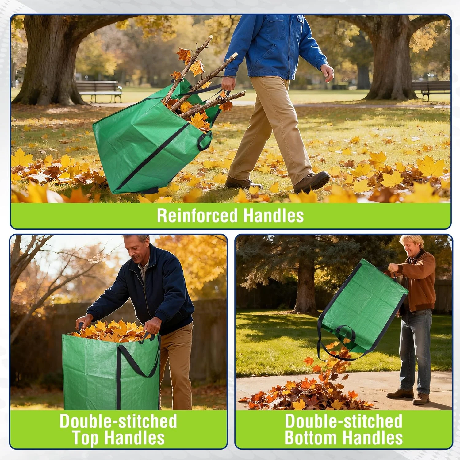WORKPRO Heavy Duty 72-Gallon Reusable Yard Waste Bags, 3 Pack Self-standing Leaf and Lawn Bags with Reinforced Handles, Garden Waste Bags for Debris, Leaves, Grass, and Outdoor Recycling, Green - Image 3