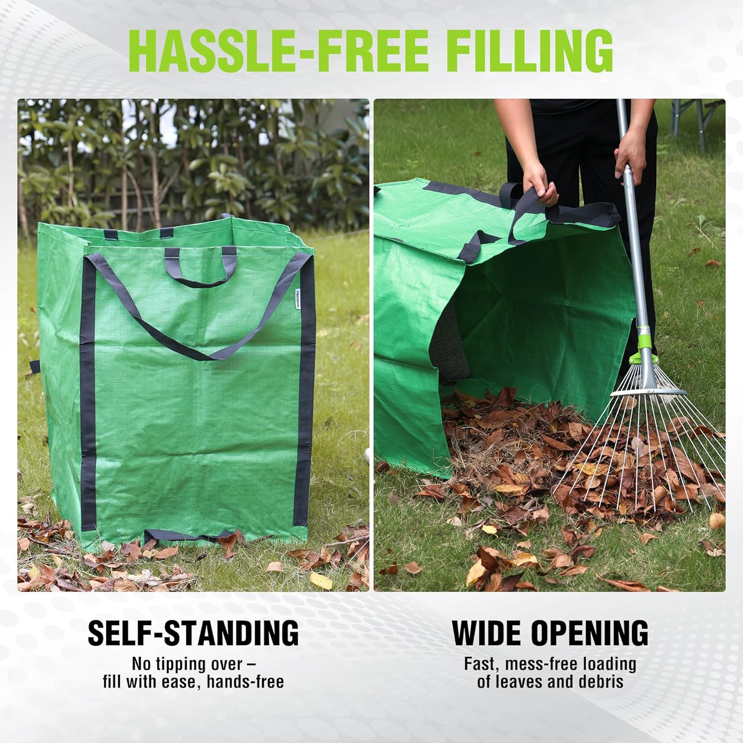 WORKPRO Heavy Duty 72-Gallon Reusable Yard Waste Bags, 3 Pack Self-standing Leaf and Lawn Bags with Reinforced Handles, Garden Waste Bags for Debris, Leaves, Grass, and Outdoor Recycling, Green - Image 4