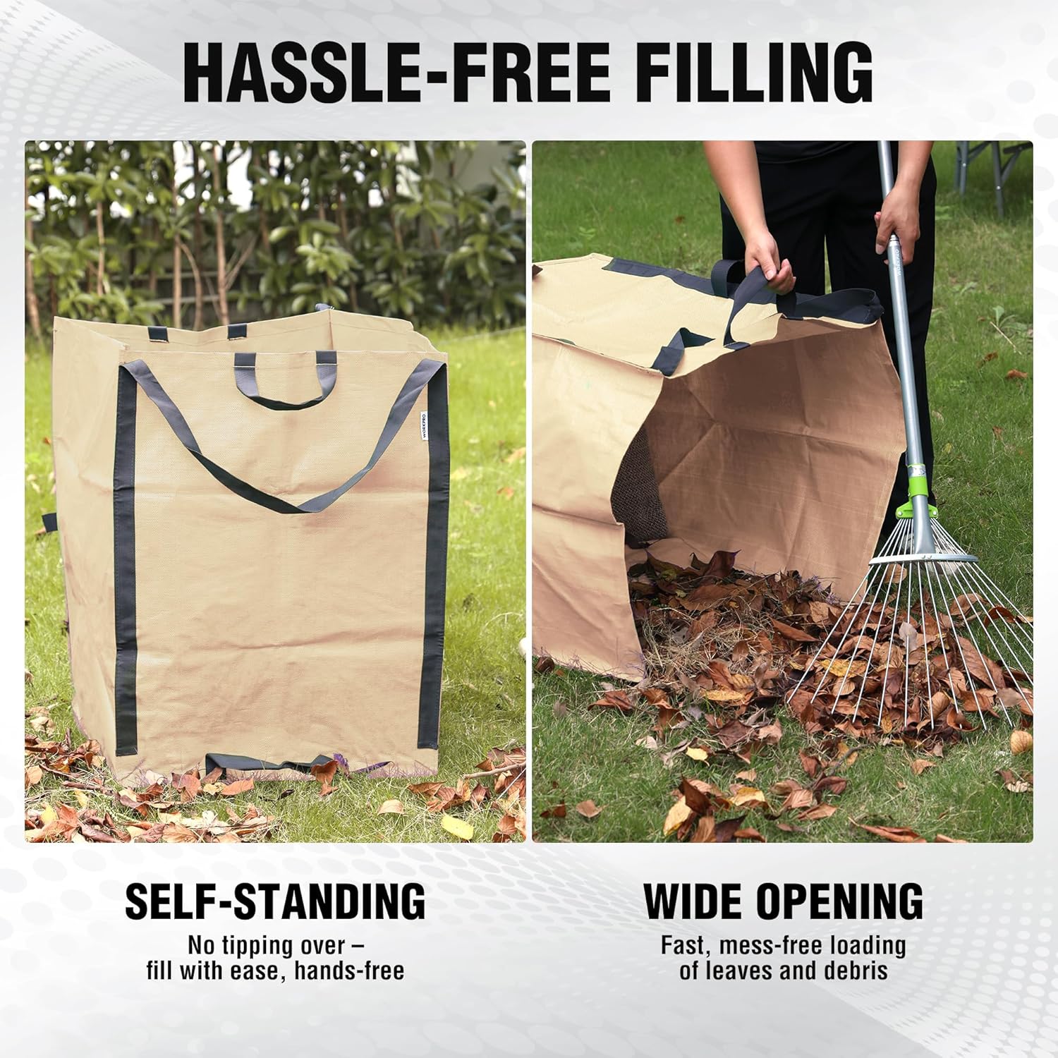 WORKPRO Heavy Duty 72-Gallon Reusable Yard Waste Bags, Self-standing Leaf and Lawn Bags with Reinforced Handles, Garden Waste Bags for Debris, Leaves, Grass, and Outdoor Recycling, Light Tan - Image 4
