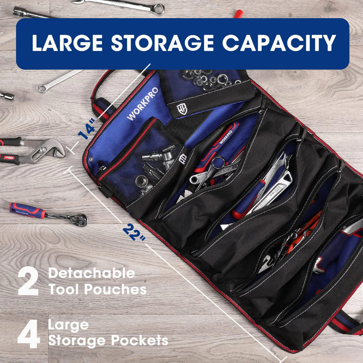 WORKPRO Heavy Duty Tool Roll Up Bag Organizer with 6 Pockets and Detachable Tool Pouches - Image 3