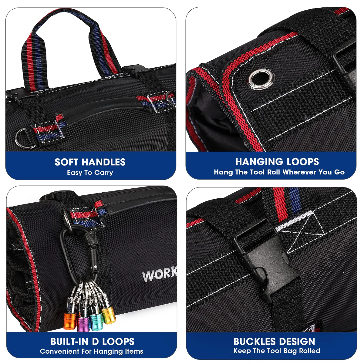 WORKPRO Heavy Duty Tool Roll Up Bag Organizer with 6 Pockets and Detachable Tool Pouches - Image 4