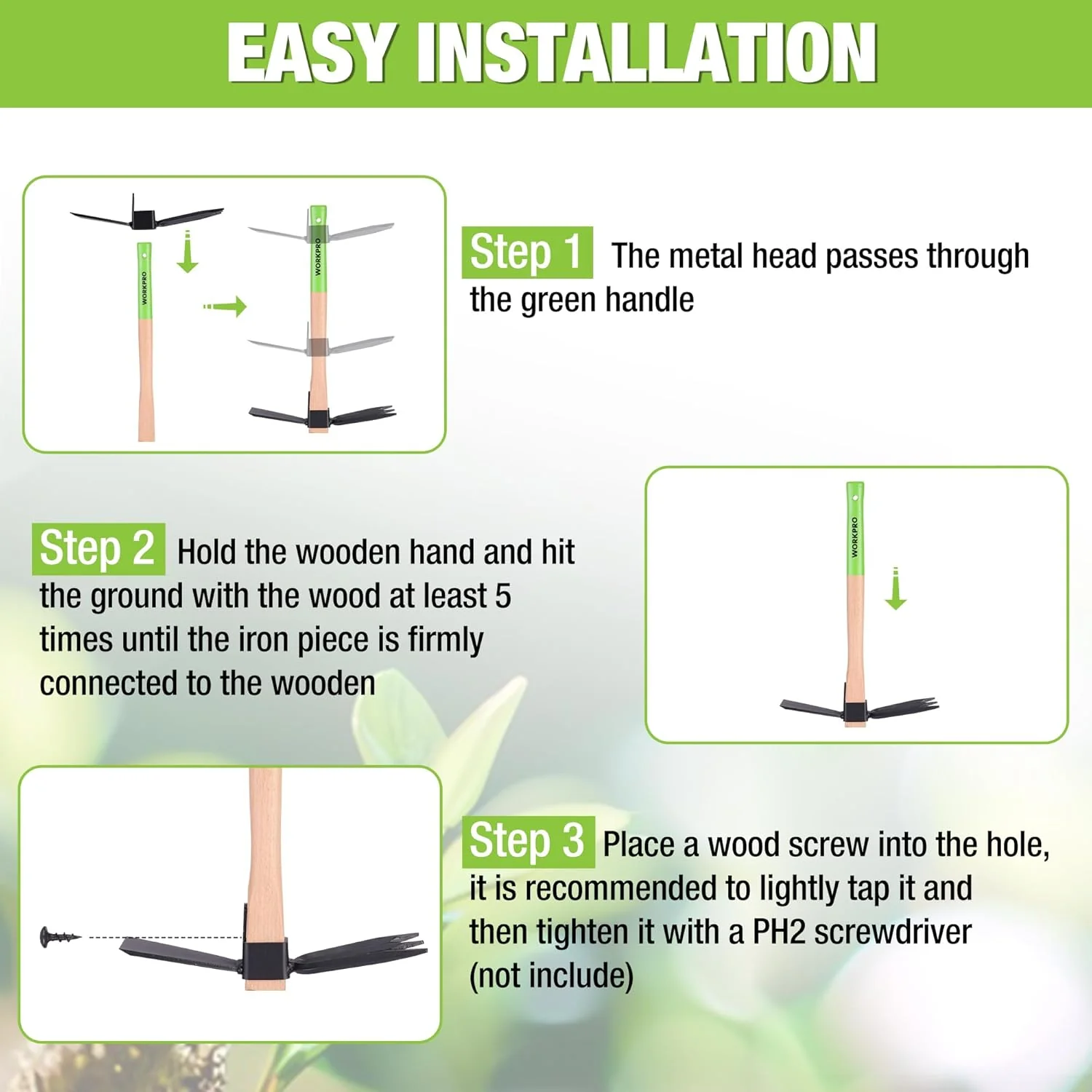 WORKPRO Hoe and Cultivator Garden Rake with 14" Wooden Handle, Sharp Hoe Blade & Sturdy 3 Claw Tiller, 2-in-1 Heavy Duty Gardening Hand Tools for Digging, Loosening Soil, Weeding, Cultivating - Image 2