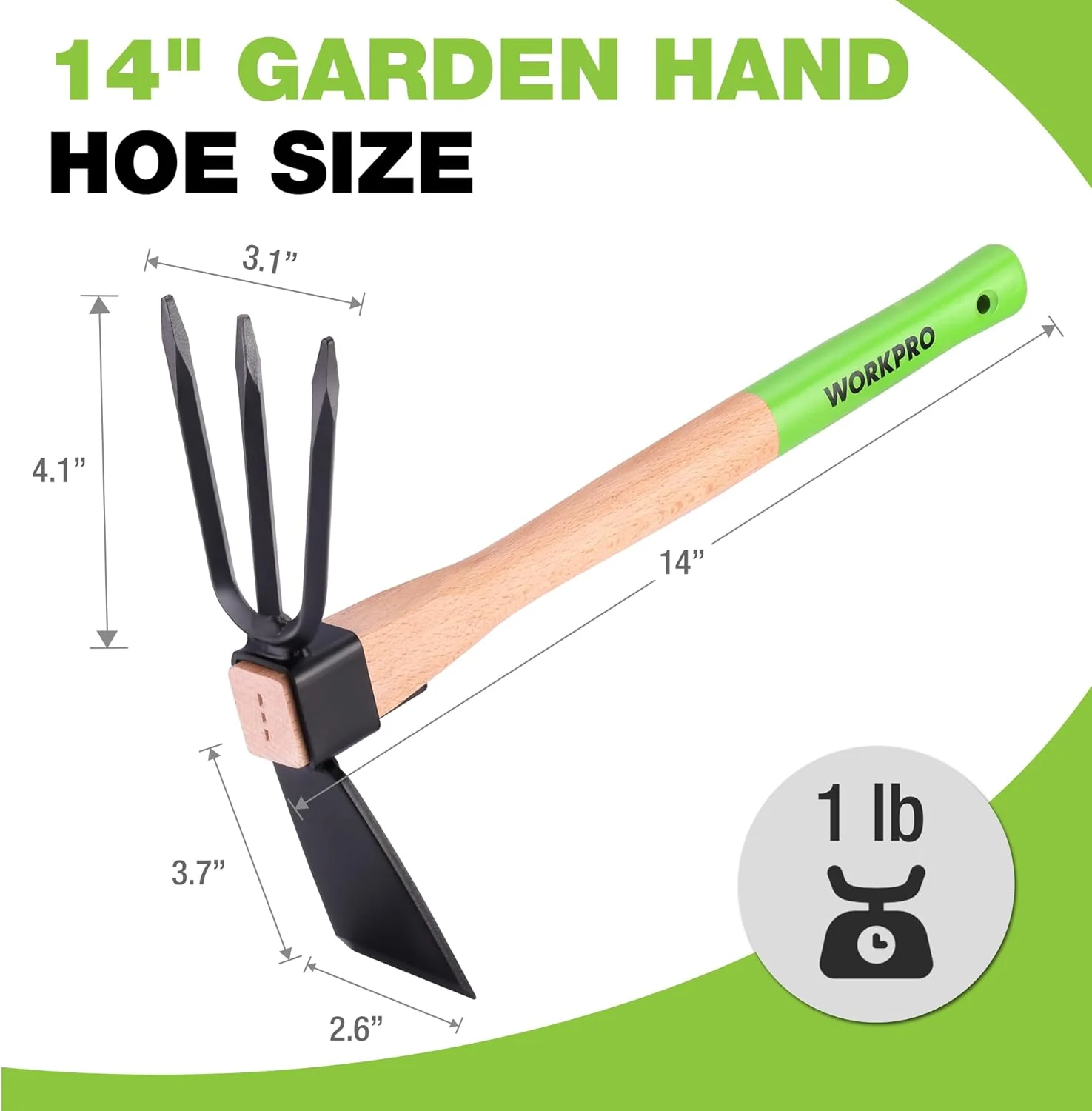 WORKPRO Hoe and Cultivator Garden Rake with 14" Wooden Handle, Sharp Hoe Blade & Sturdy 3 Claw Tiller, 2-in-1 Heavy Duty Gardening Hand Tools for Digging, Loosening Soil, Weeding, Cultivating - Image 3