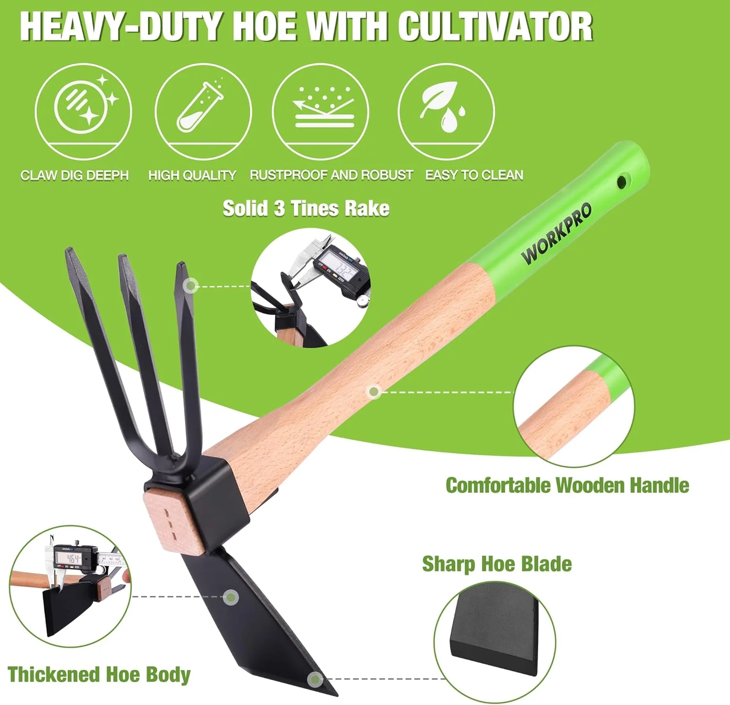 WORKPRO Hoe and Cultivator Garden Rake with 14" Wooden Handle, Sharp Hoe Blade & Sturdy 3 Claw Tiller, 2-in-1 Heavy Duty Gardening Hand Tools for Digging, Loosening Soil, Weeding, Cultivating - Image 4