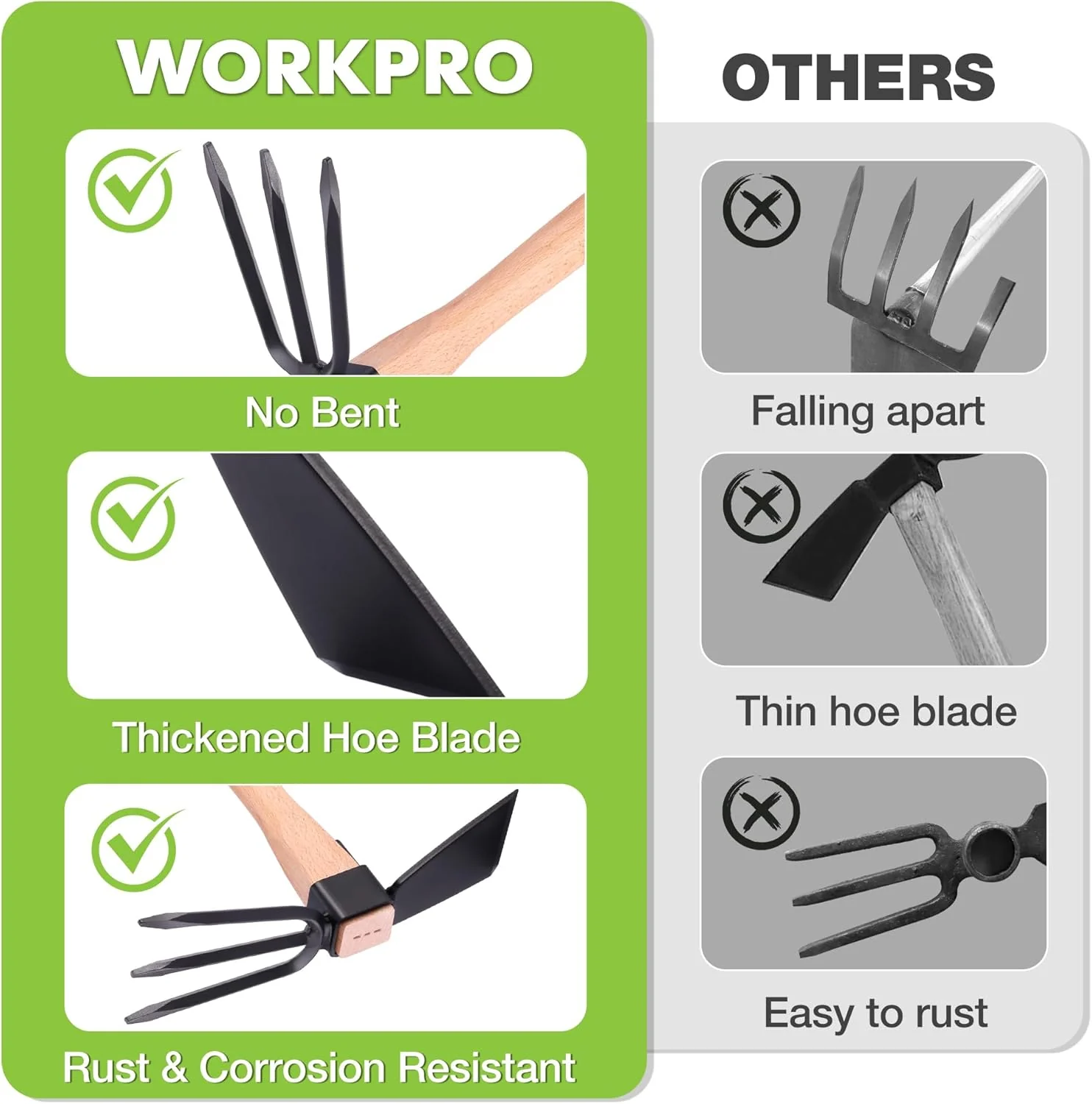 WORKPRO Hoe and Cultivator Garden Rake with 14" Wooden Handle, Sharp Hoe Blade & Sturdy 3 Claw Tiller, 2-in-1 Heavy Duty Gardening Hand Tools for Digging, Loosening Soil, Weeding, Cultivating - Image 5