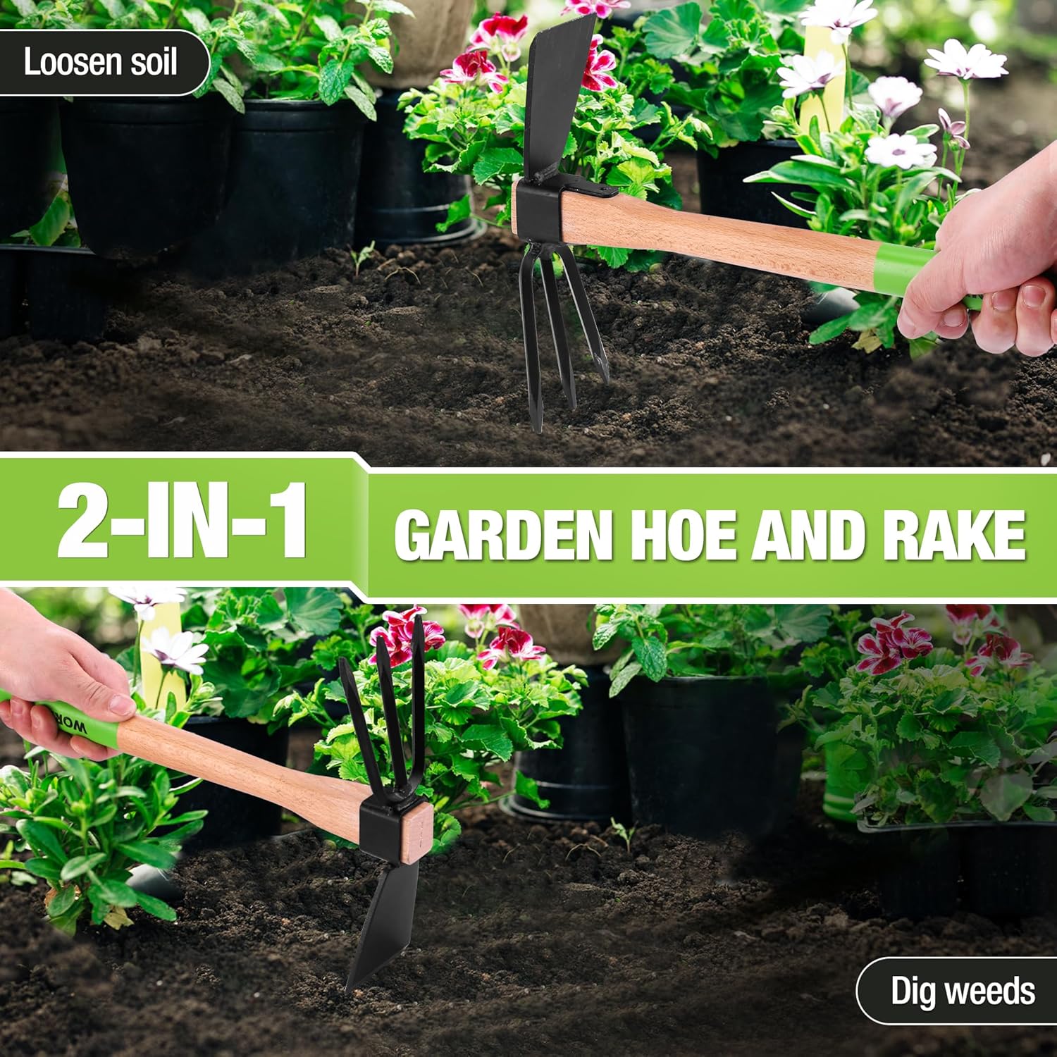 WORKPRO Hoe and Cultivator Garden Rake with 14" Wooden Handle, Sharp Hoe Blade & Sturdy 3 Claw Tiller, 2-in-1 Heavy Duty Gardening Hand Tools for Digging, Loosening Soil, Weeding, Cultivating - Image 6