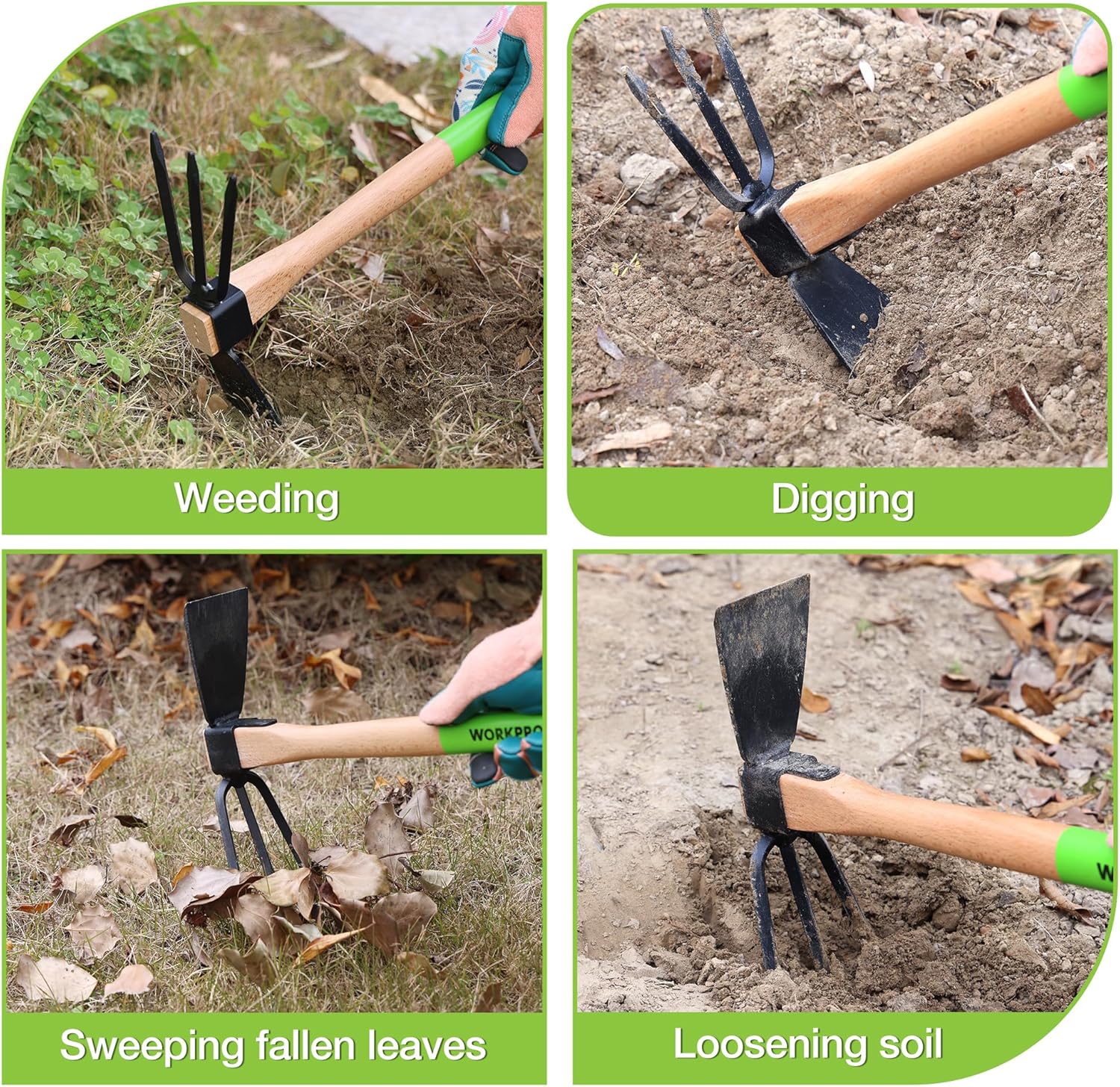 WORKPRO Hoe and Cultivator Garden Rake with 14" Wooden Handle, Sharp Hoe Blade & Sturdy 3 Claw Tiller, 2-in-1 Heavy Duty Gardening Hand Tools for Digging, Loosening Soil, Weeding, Cultivating - Image 7