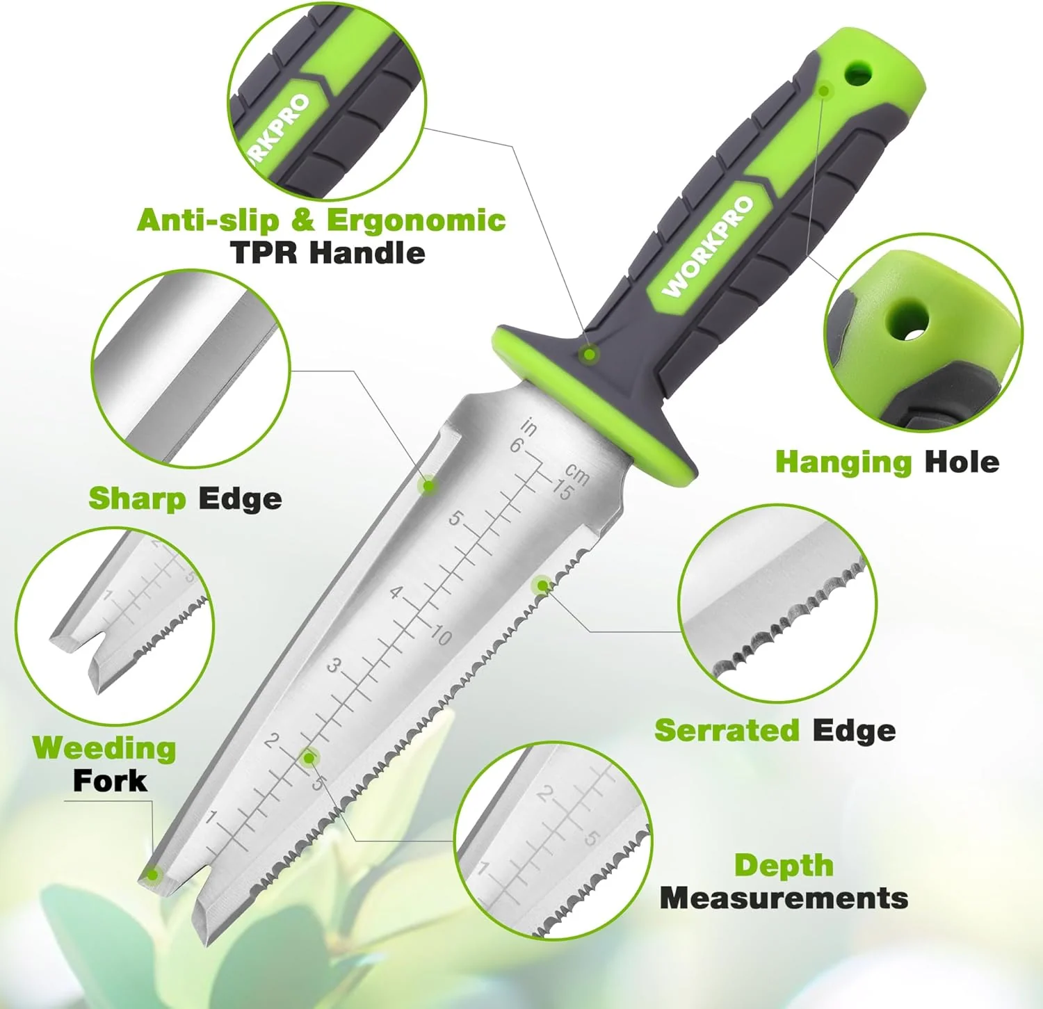 WORKPRO Hori Hori Garden Knife, 7" Stainless Steel Blade with Cutting Edge, Garden Tools with Oxford Sheath, Ergonomic TRP Handle with Hanging Hole for Weeding, Planting, Digging - Image 2