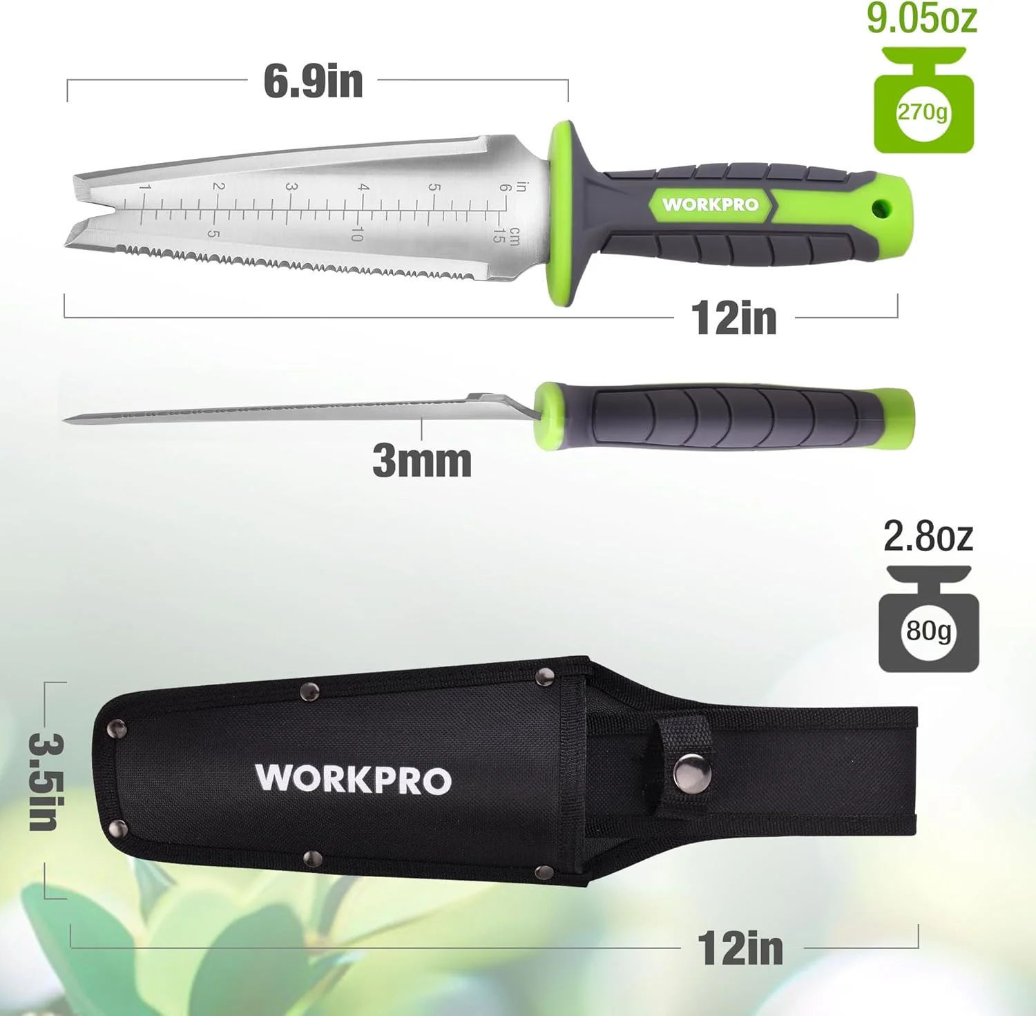 WORKPRO Hori Hori Garden Knife, 7" Stainless Steel Blade with Cutting Edge, Garden Tools with Oxford Sheath, Ergonomic TRP Handle with Hanging Hole for Weeding, Planting, Digging - Image 3