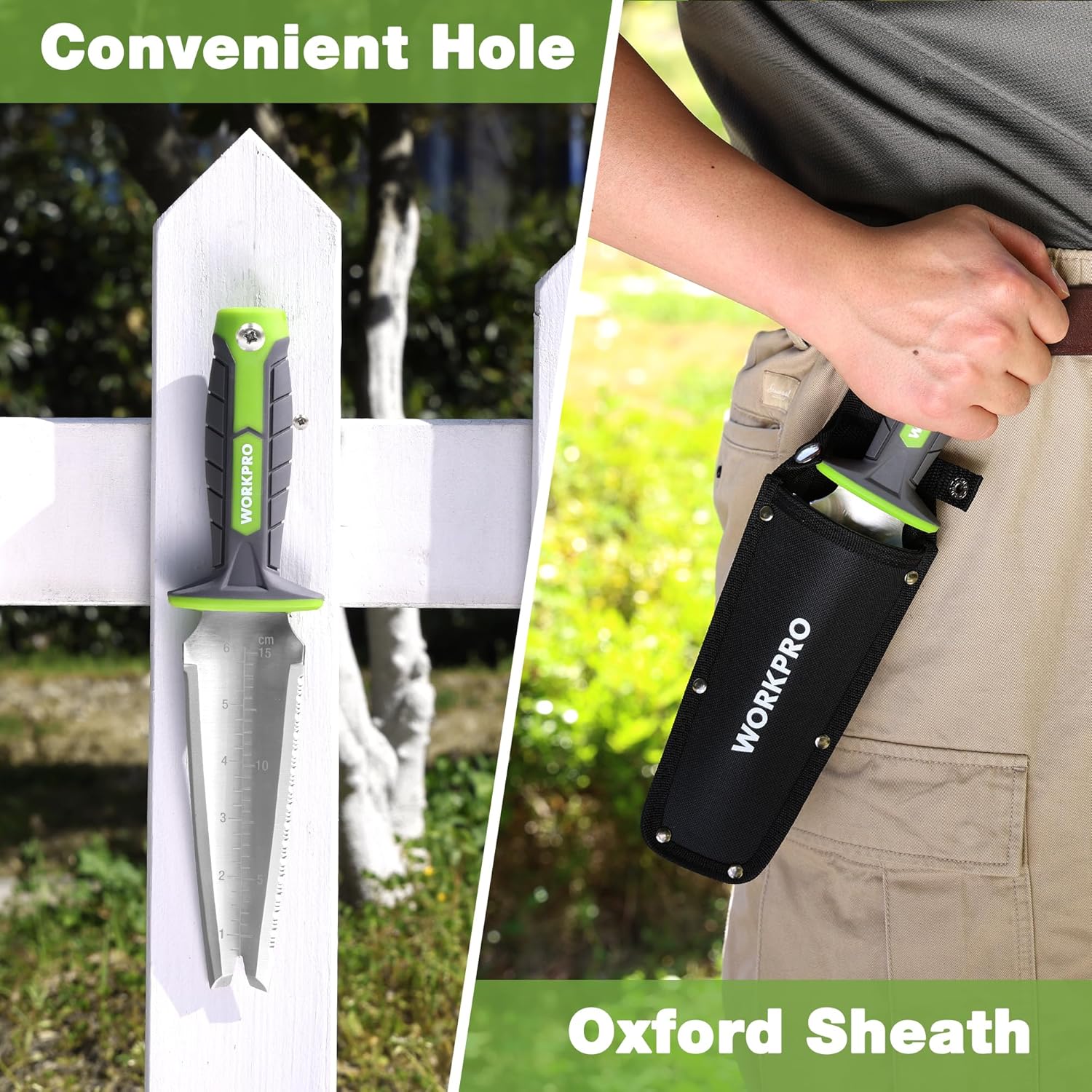 WORKPRO Hori Hori Garden Knife, 7" Stainless Steel Blade with Cutting Edge, Garden Tools with Oxford Sheath, Ergonomic TRP Handle with Hanging Hole for Weeding, Planting, Digging - Image 6
