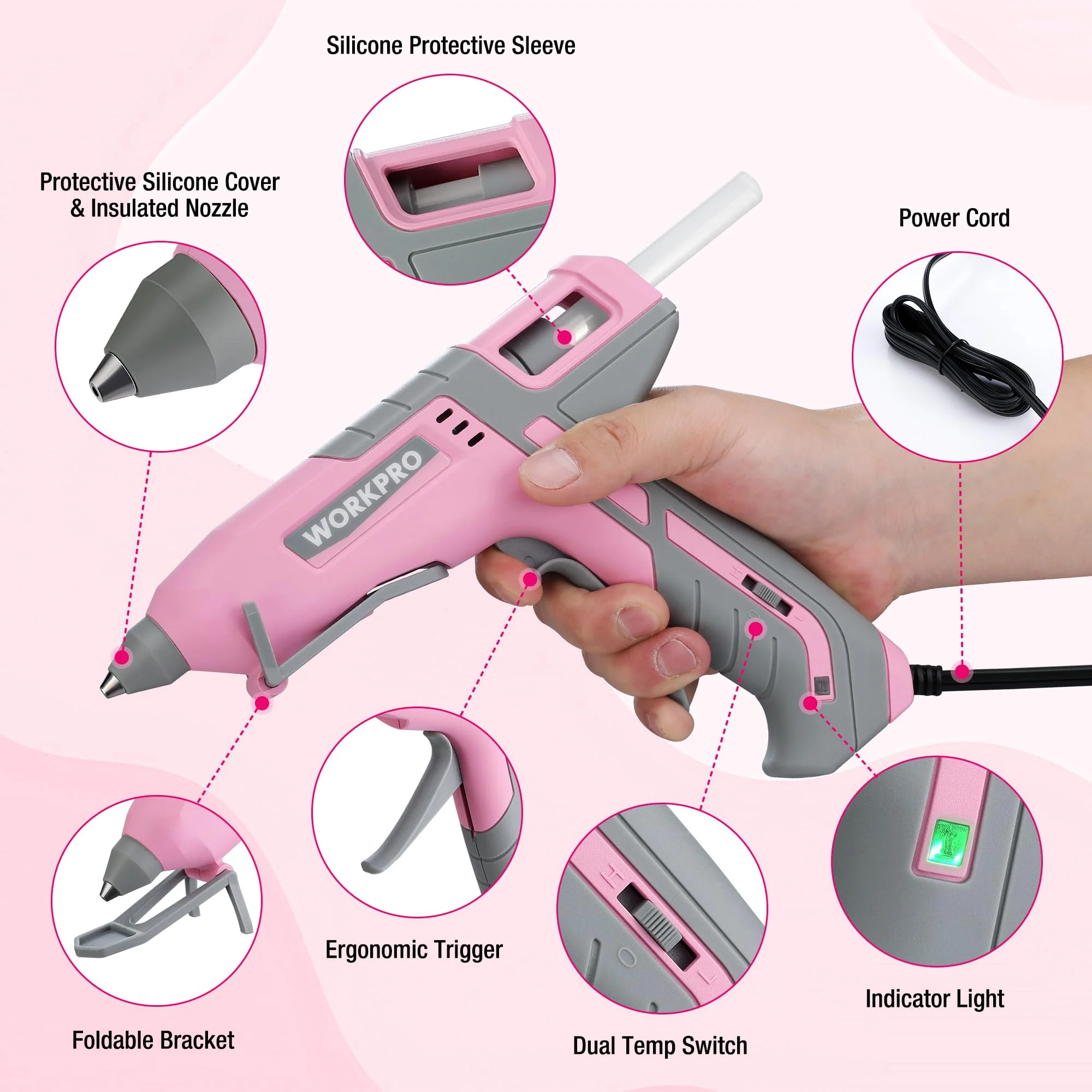 WORKPRO Hot Glue Gun Full Size with 10 PCS Glue Sticks - Pink Ribbon - Image 2
