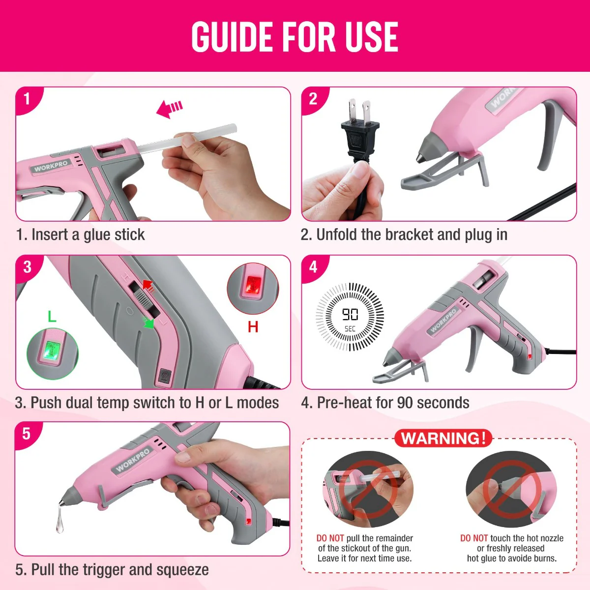 WORKPRO Hot Glue Gun Full Size with 10 PCS Glue Sticks - Pink Ribbon - Image 6
