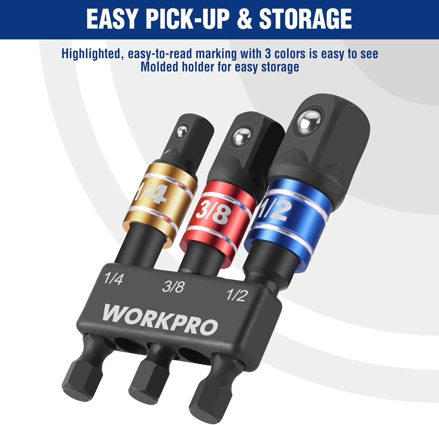 WORKPRO Impact Grade Socket Adapter Set, 1/4", 3/8", & 1/2" Drive, Extension Driver Bit With Holder, for Power Drill to High Torque Impact Wrench - Image 4