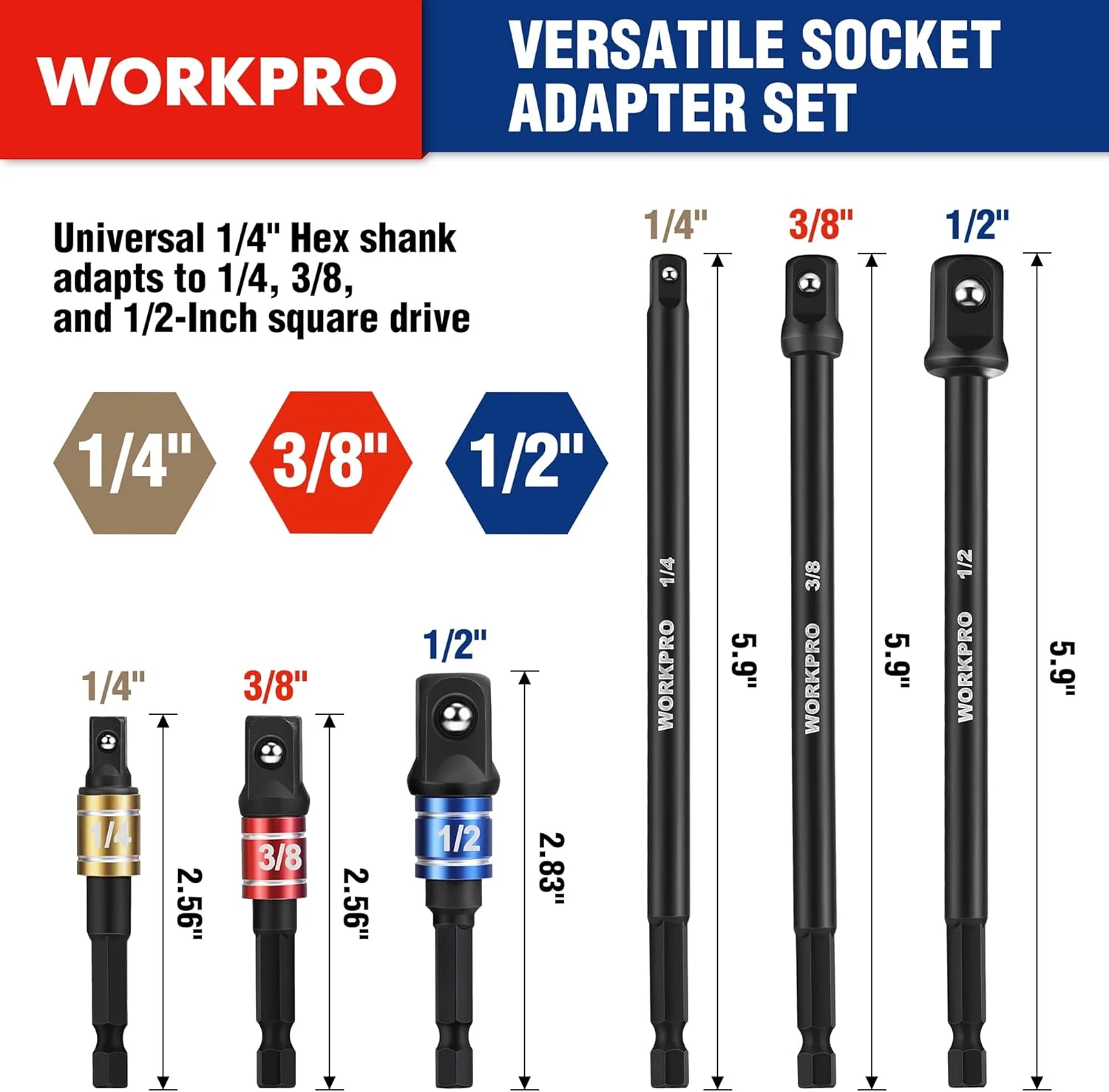 WORKPRO Impact Grade Socket Adapter Set (Basic/Swivel/Long), 1/4", 3/8", & 1/2" Drive, Extension Driver Bit With Case, for Power Drill to High Torque Impact Wrench, 9PCS - Image 2