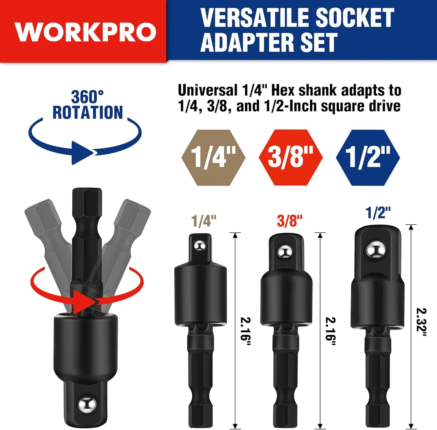 WORKPRO Impact Grade Socket Adapter Set (Basic/Swivel/Long), 1/4", 3/8", & 1/2" Drive, Extension Driver Bit With Case, for Power Drill to High Torque Impact Wrench, 9PCS - Image 3