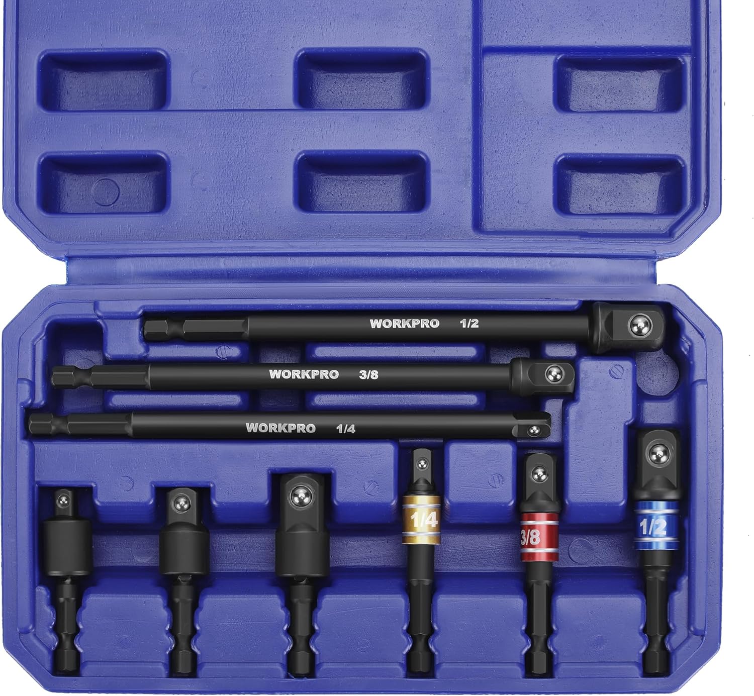 WORKPRO Impact Grade Socket Adapter Set (Basic/Swivel/Long), 1/4", 3/8", & 1/2" Drive, Extension Driver Bit With Case, for Power Drill to High Torque Impact Wrench, 9PCS - Image 9