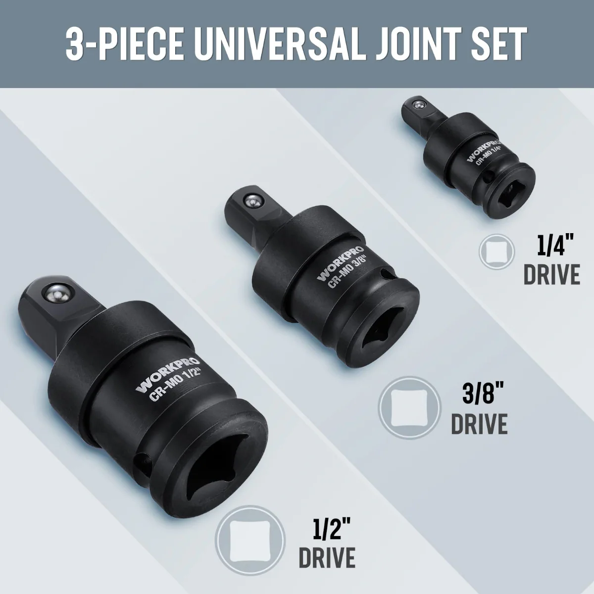 WORKPRO 3 Piece-1/2", 3/8" Impact Universal Joint Set, 1/4"Inch Drive Swivel Socket Set - Image 3