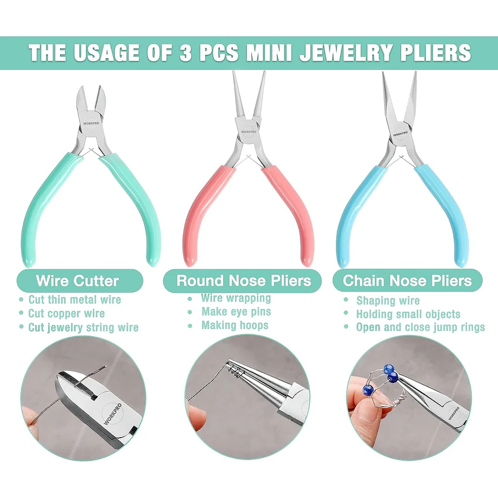 WORKPRO Jewelry Pliers Set, 3 Pack Jewelry Making Tool Kit Includes Mini Needle Nose Plier/Chain Nose Plier, Round Nose Plier and Wire Cutter for Jewelry Repair, DIY Crafts, Jewelry Making Supplies - Image 4