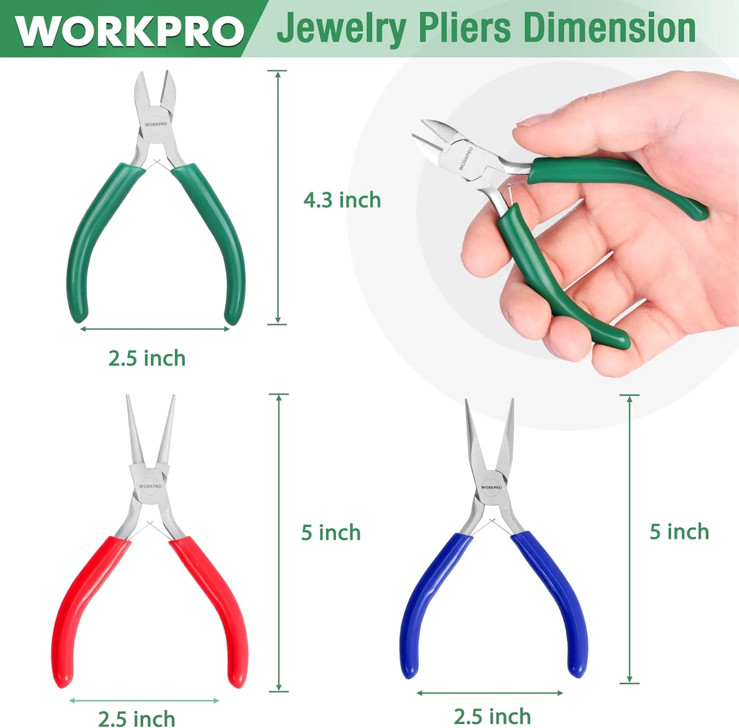 WORKPRO Jewelry Pliers Set, 3 Pack Jewelry Making Tool Kit- Needle Nose Plier/Chain Nose Plier, Round Nose Plier and Wire Cutter for Charm Bracelet, Jewelry Repair, DIY Crafts, Jewelry Making Supplies - Image 2