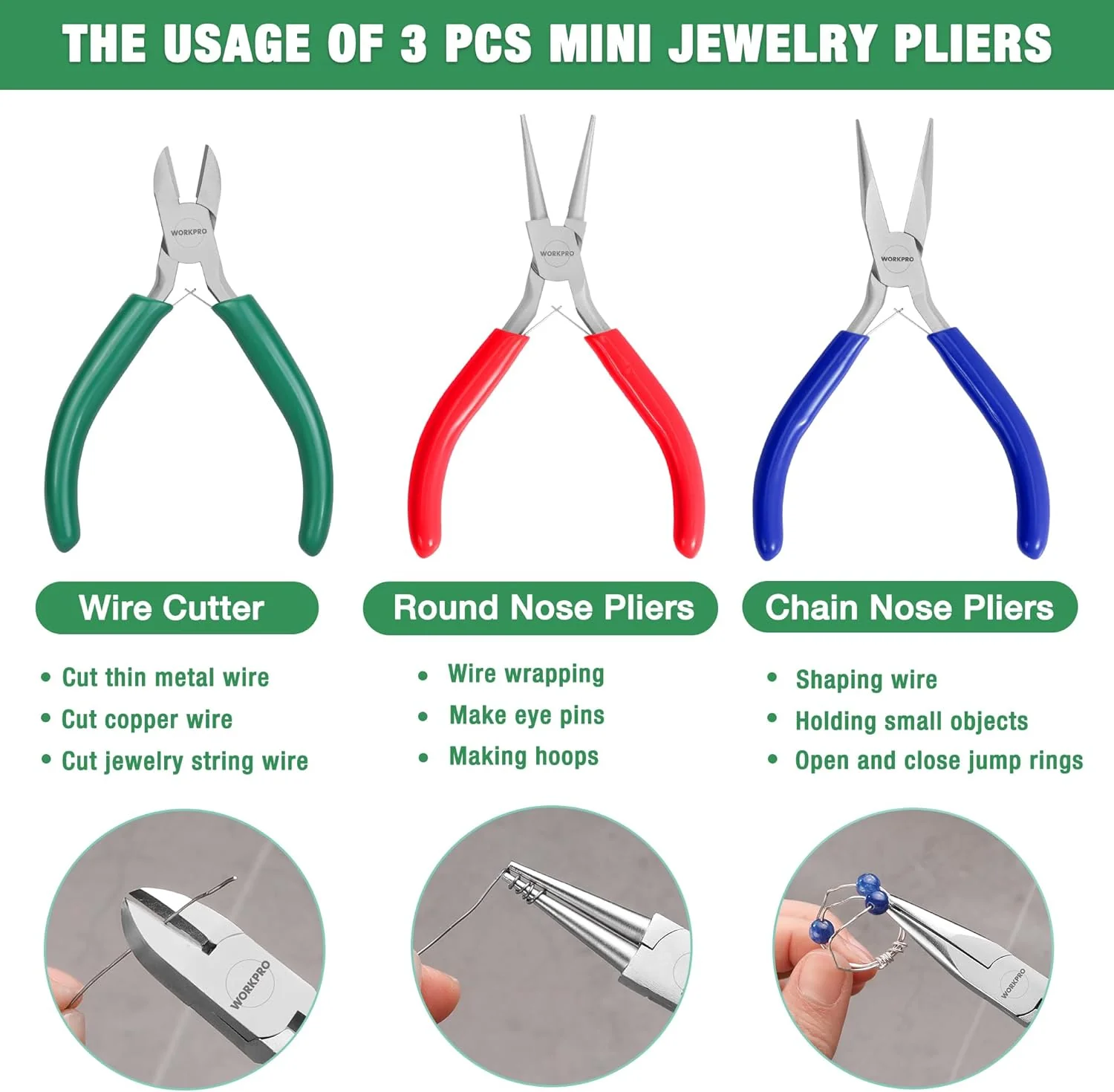 WORKPRO Jewelry Pliers Set, 3 Pack Jewelry Making Tool Kit- Needle Nose Plier/Chain Nose Plier, Round Nose Plier and Wire Cutter for Charm Bracelet, Jewelry Repair, DIY Crafts, Jewelry Making Supplies - Image 4